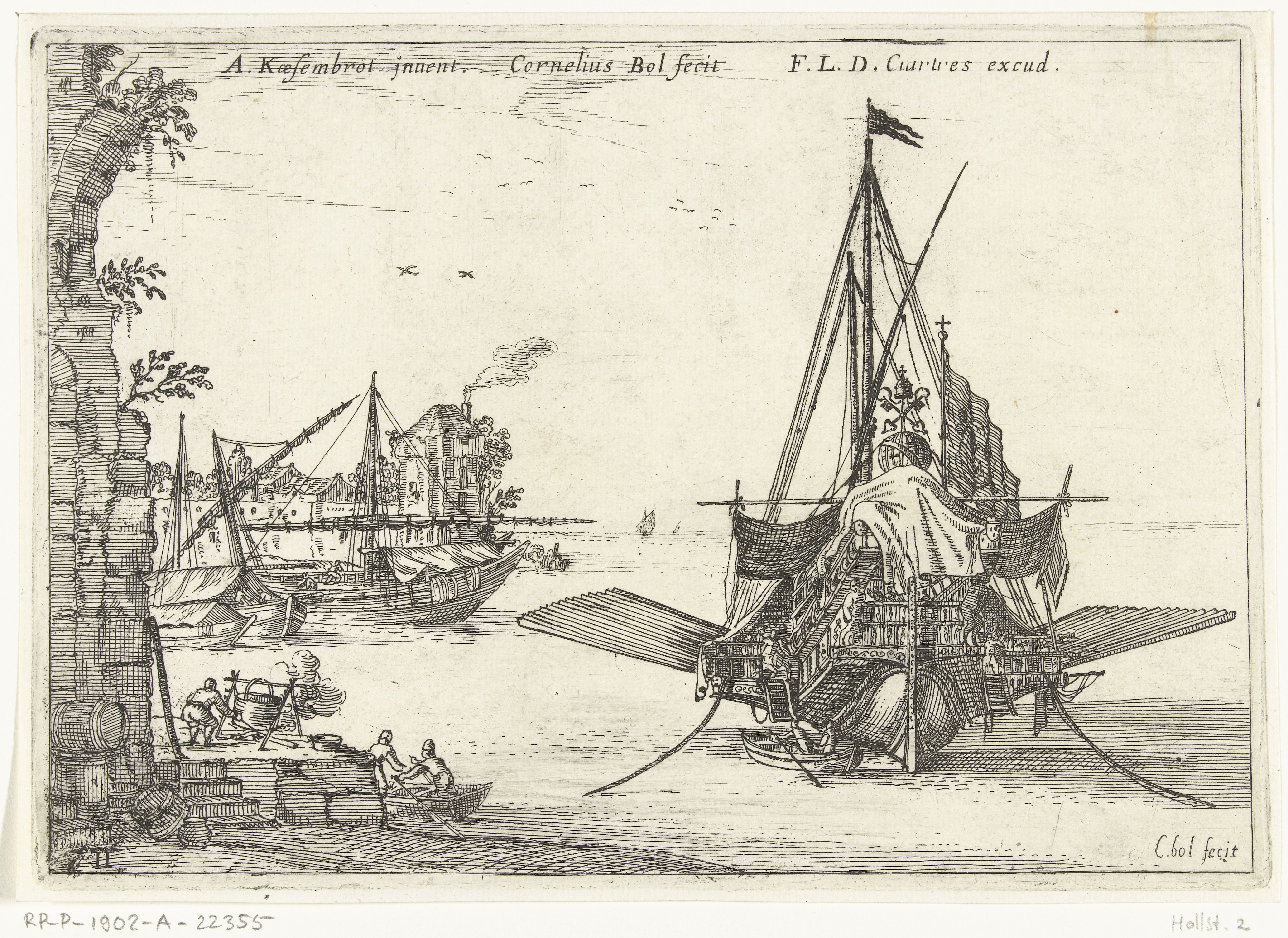 Galei ligt voor anker in een baai