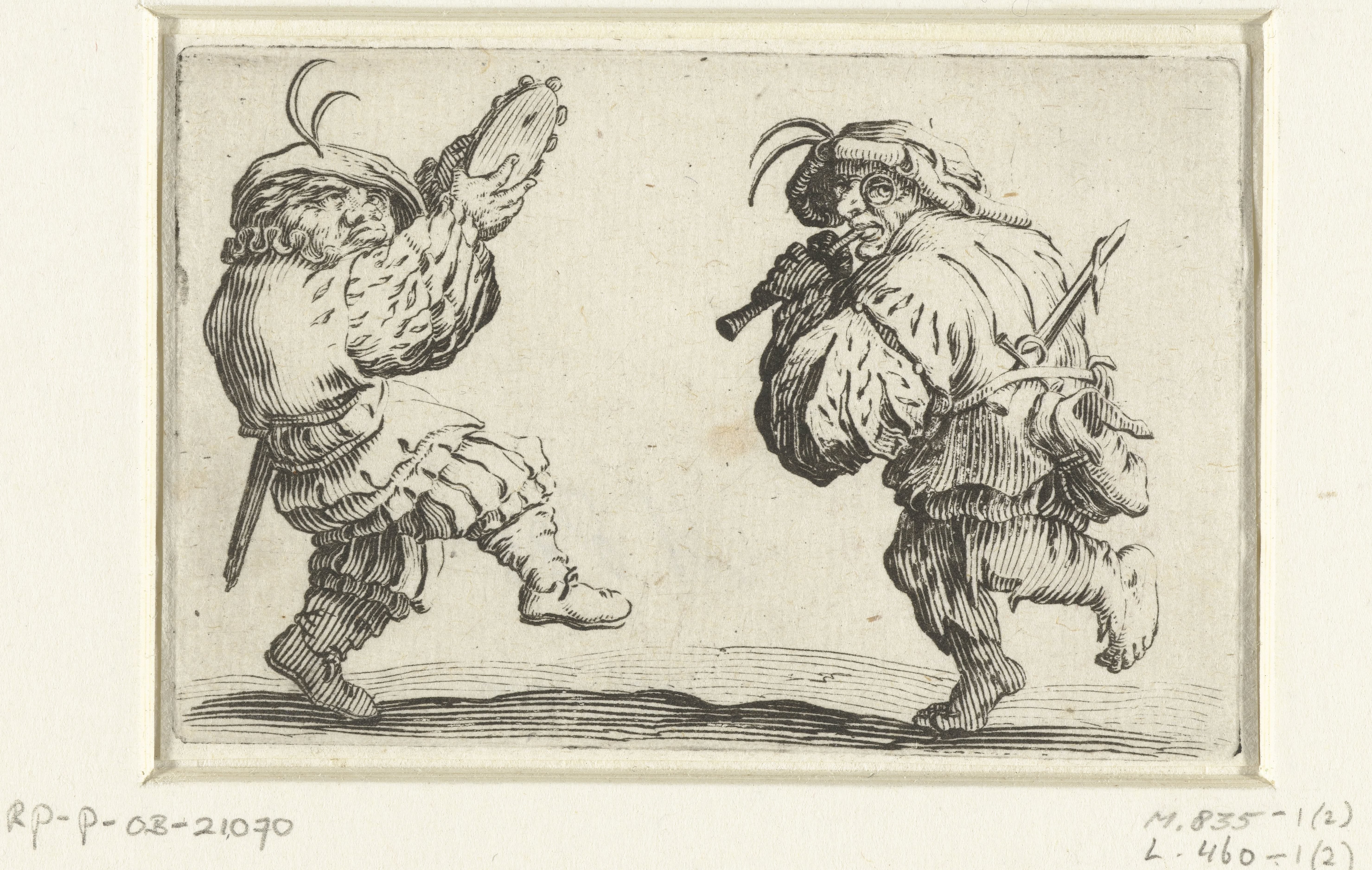 Dansende kleine mensen (karikaturen) met tamboerijn en fluit