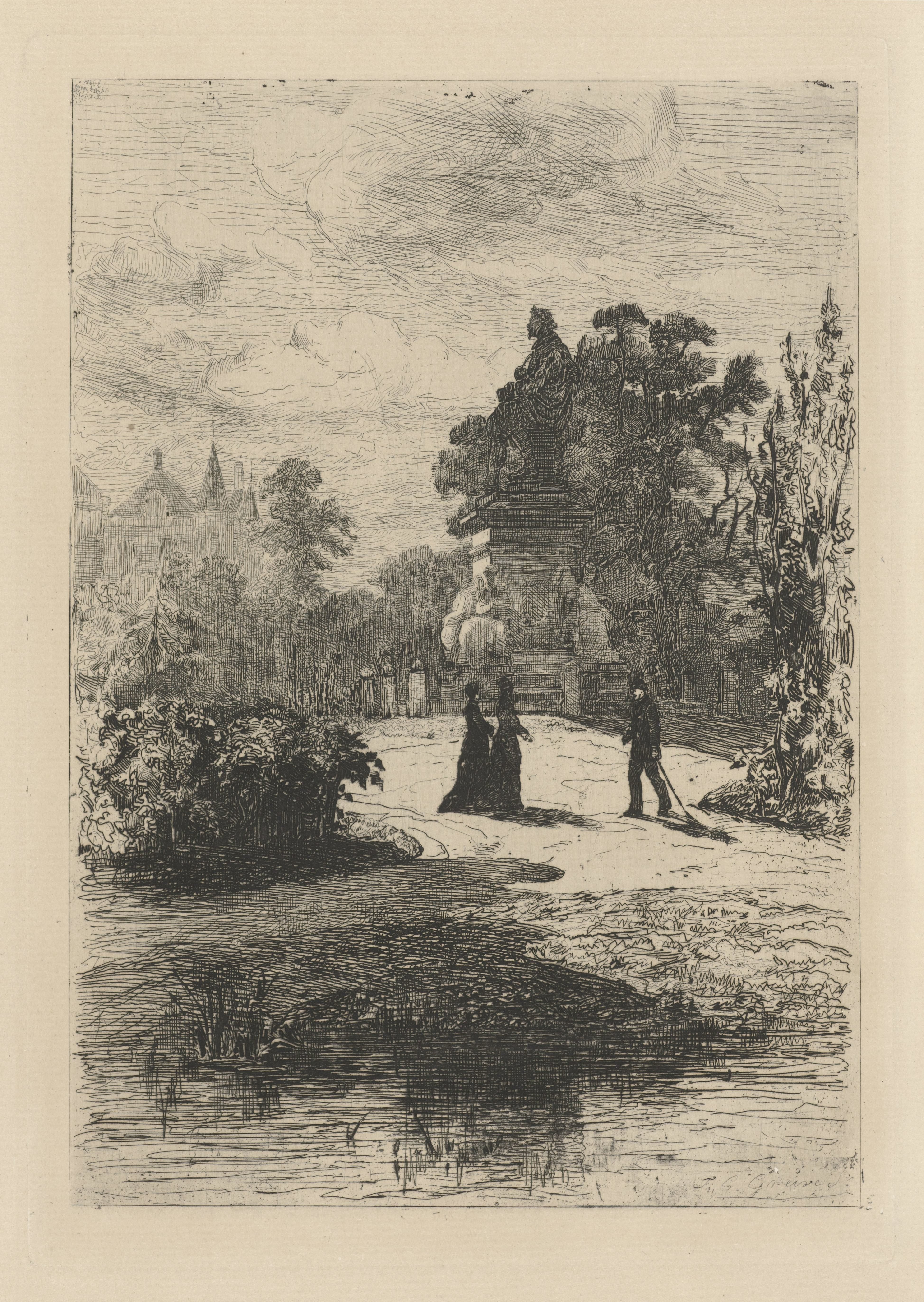 Gezicht op het standbeeld van Vondel in het Vondelpark