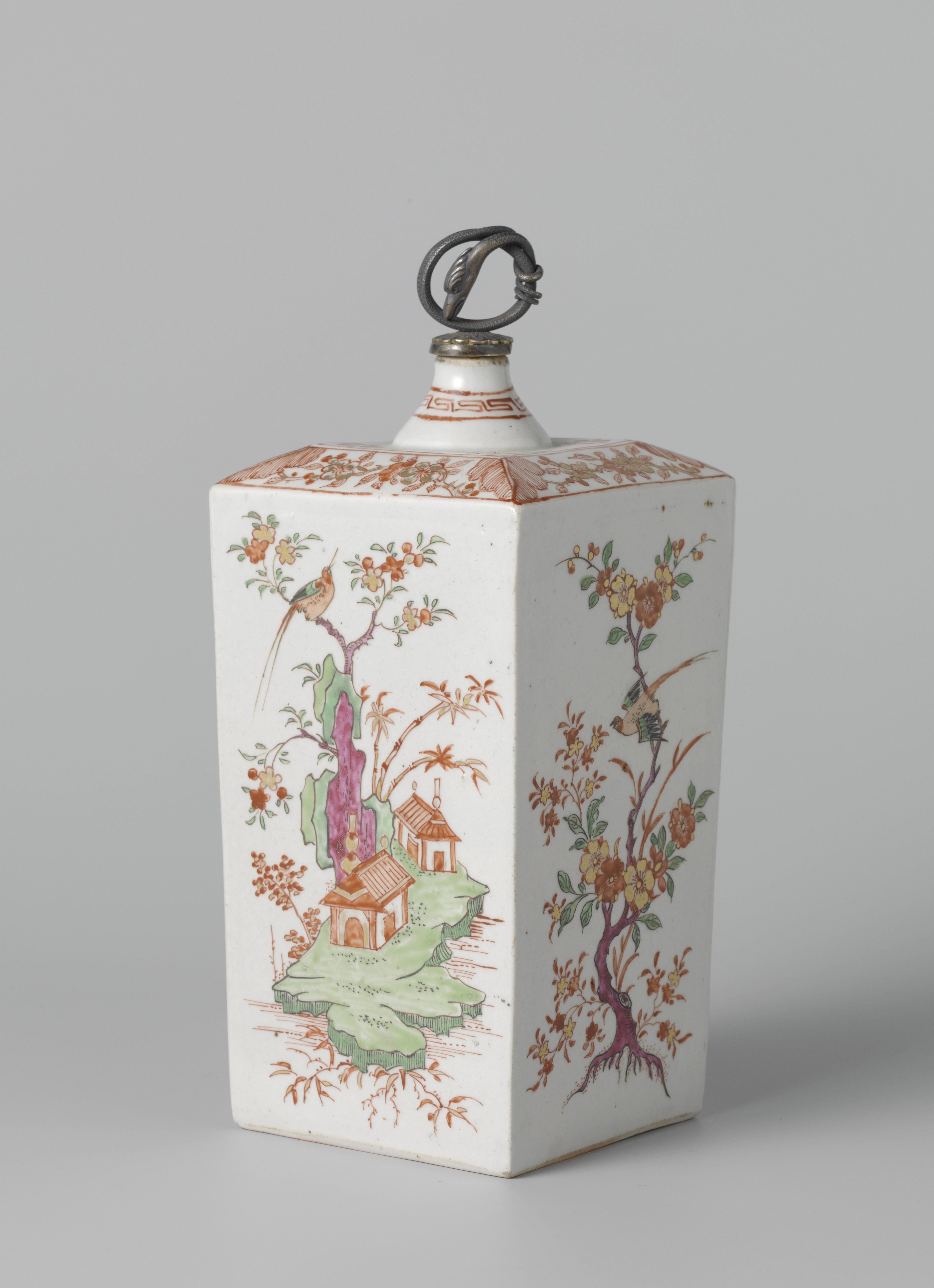 Square bottle with birds, flowering plants and pavilions