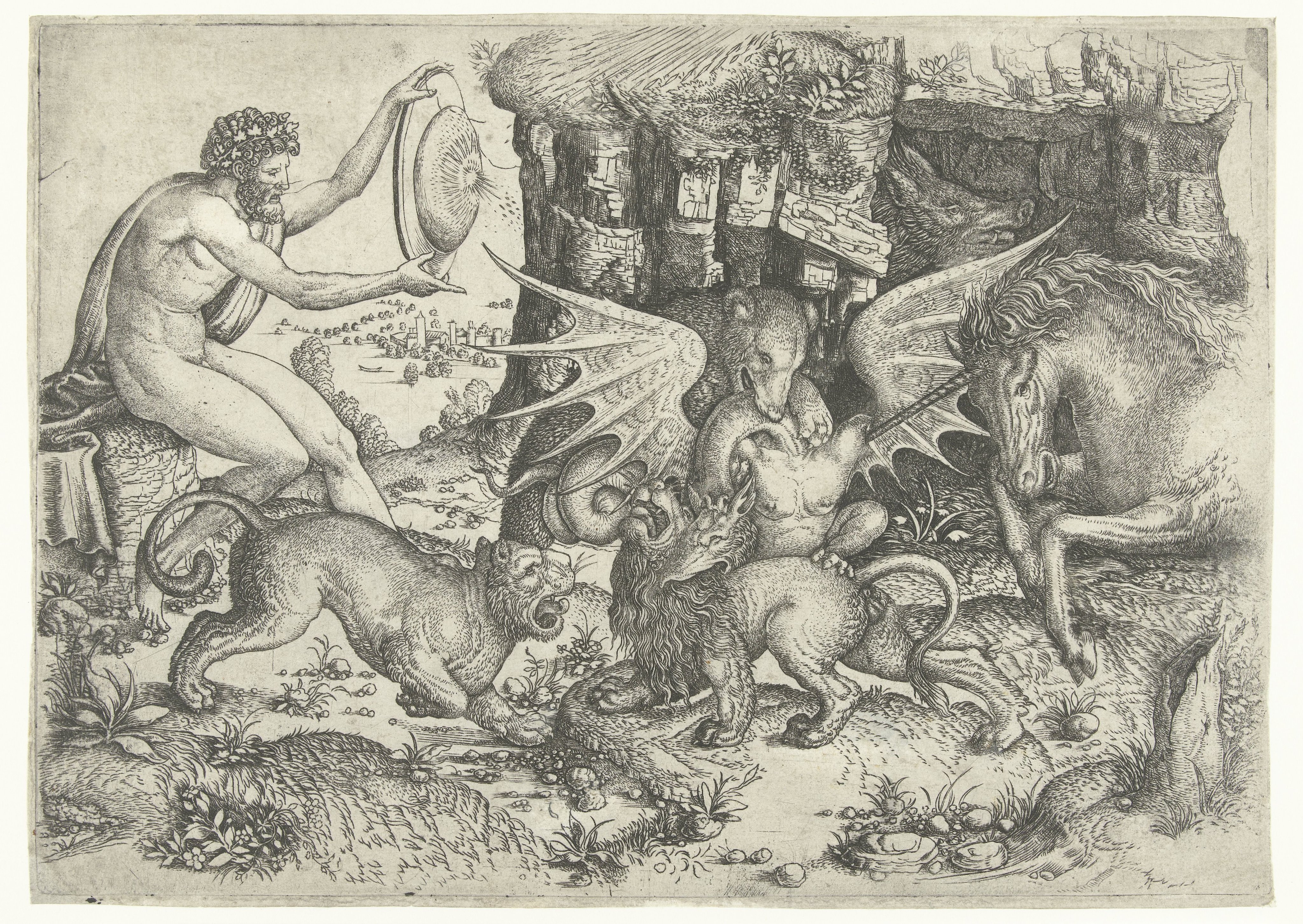 Allegorie met gevecht tussen dieren en draak bij zittende man met schild