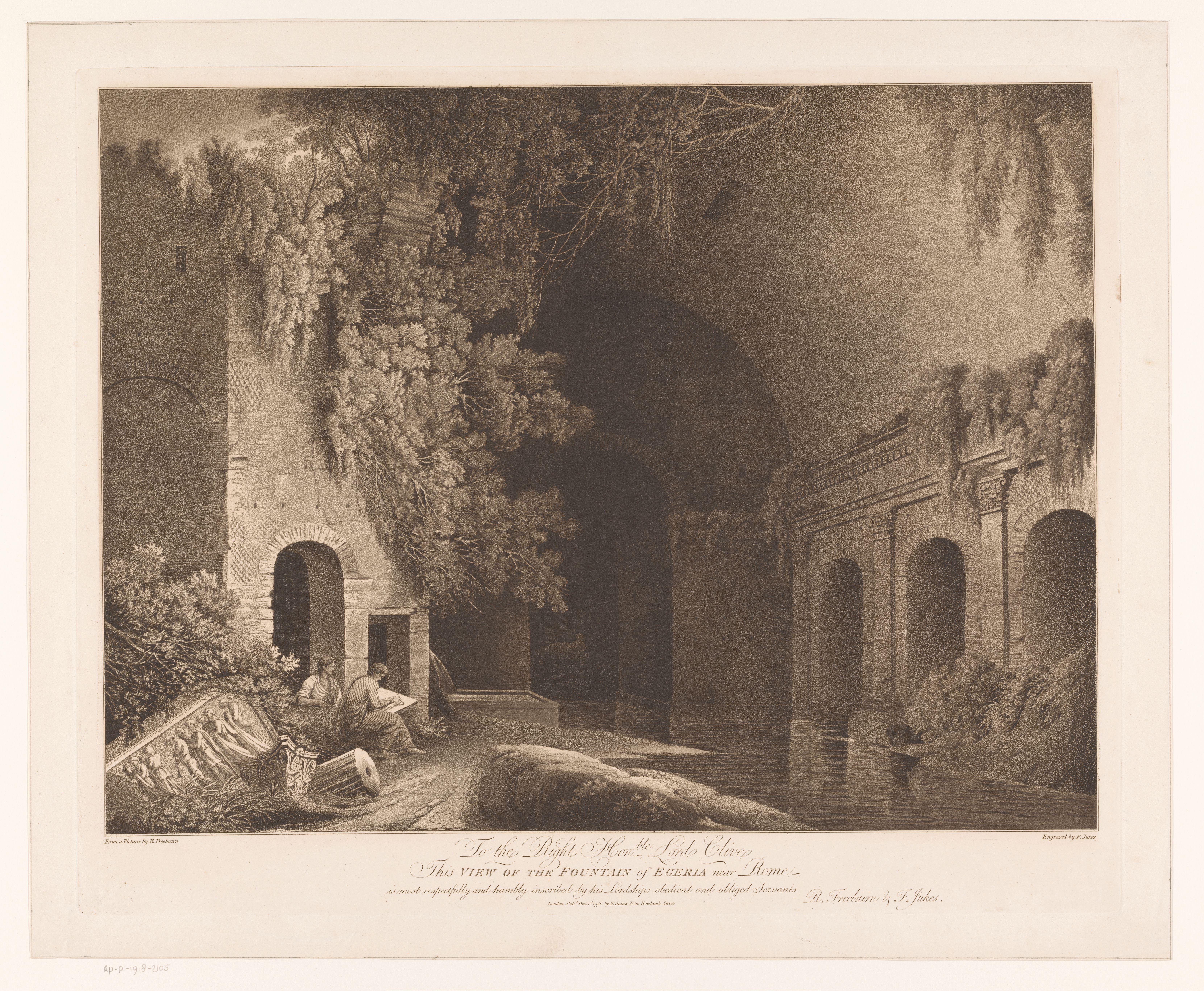 Twee tekenaars bij het Nymphaeum van Egeria in het Caffarella Park bij Rome