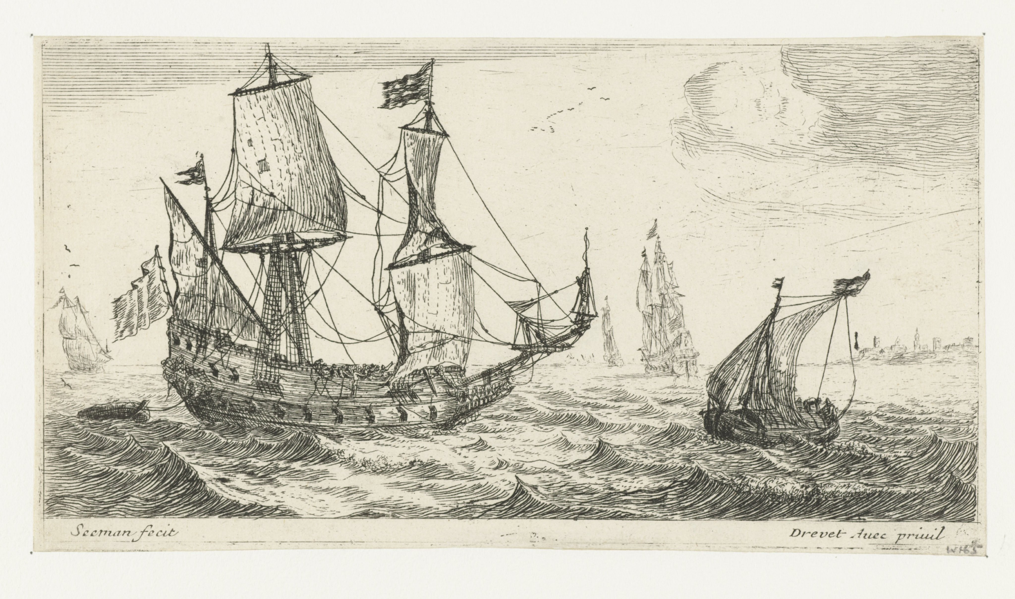 Klein zeilschip en een Pinas