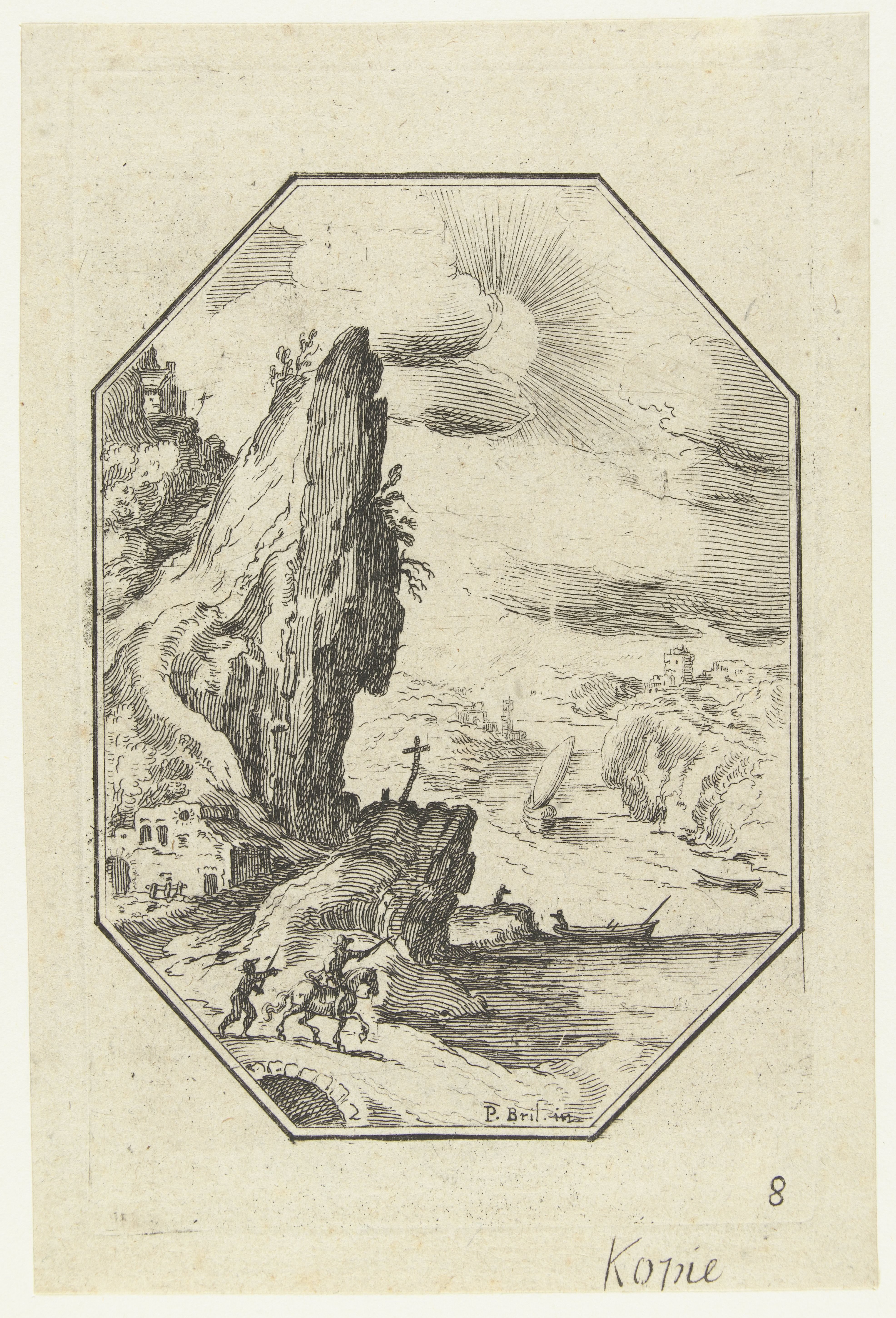 Landschap met ruiter in octagonaal kader