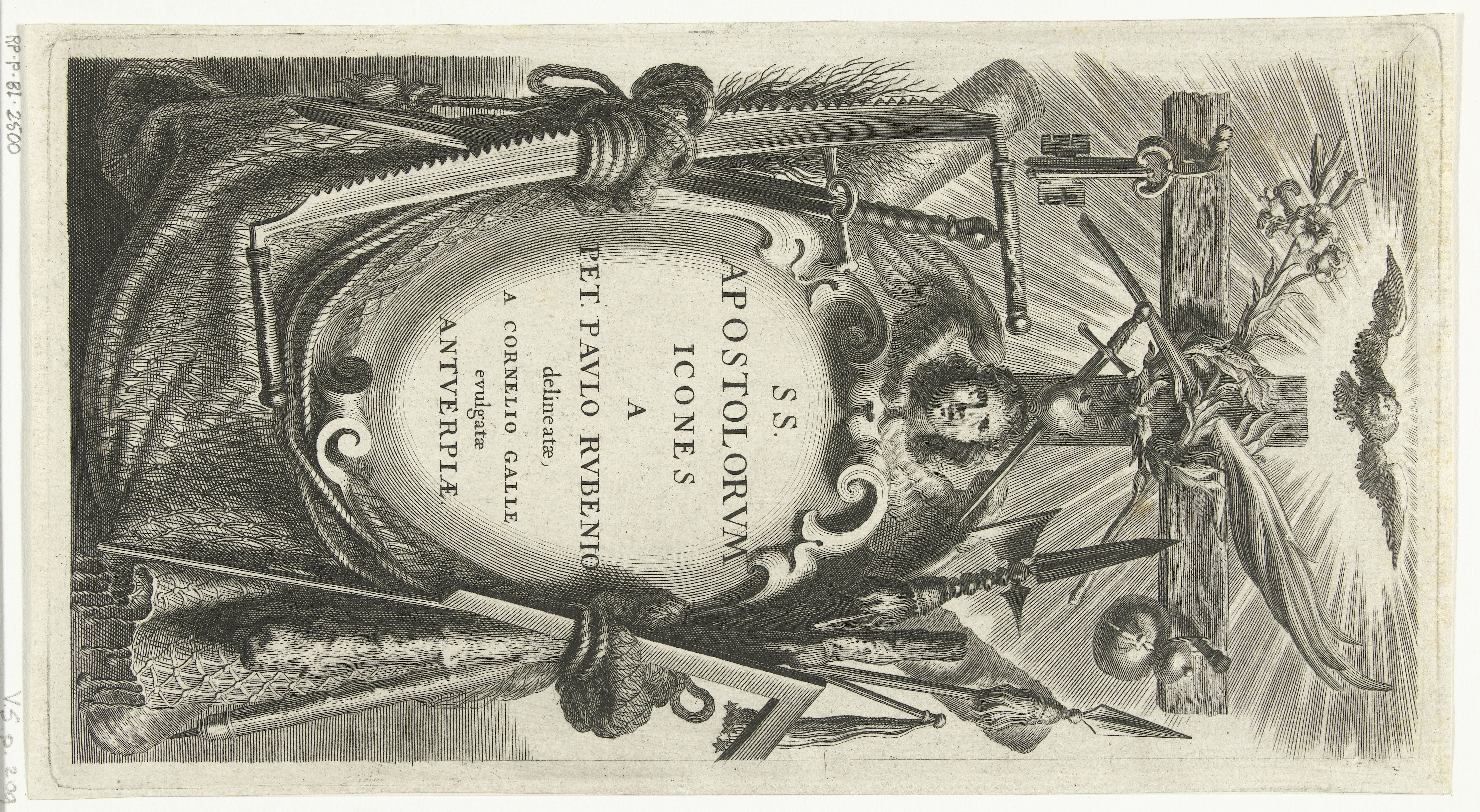 Cartouche met titel in omlijsting met attributen van heiligen