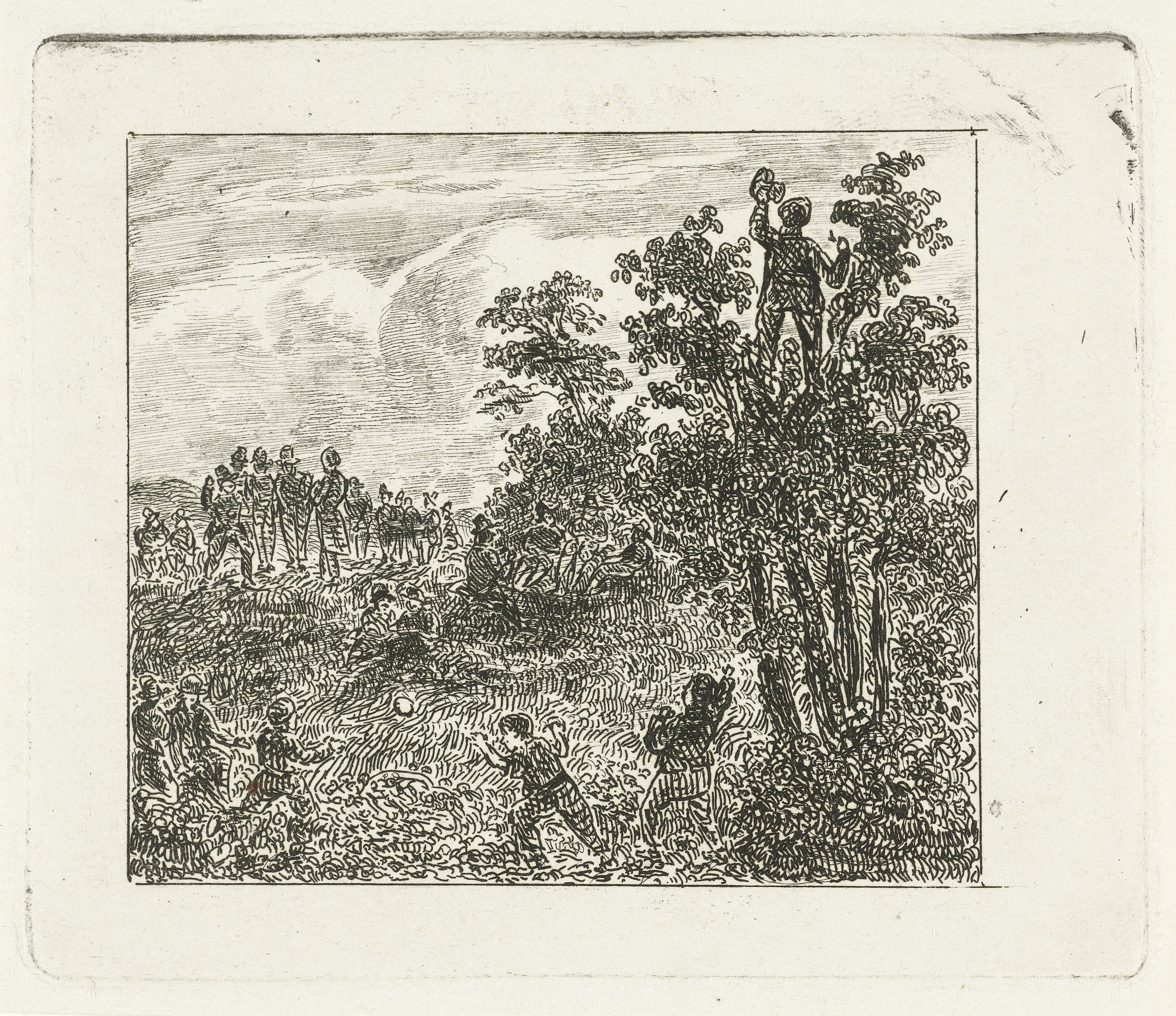 Rustend groepje wandelaars met balspelende kinderen
