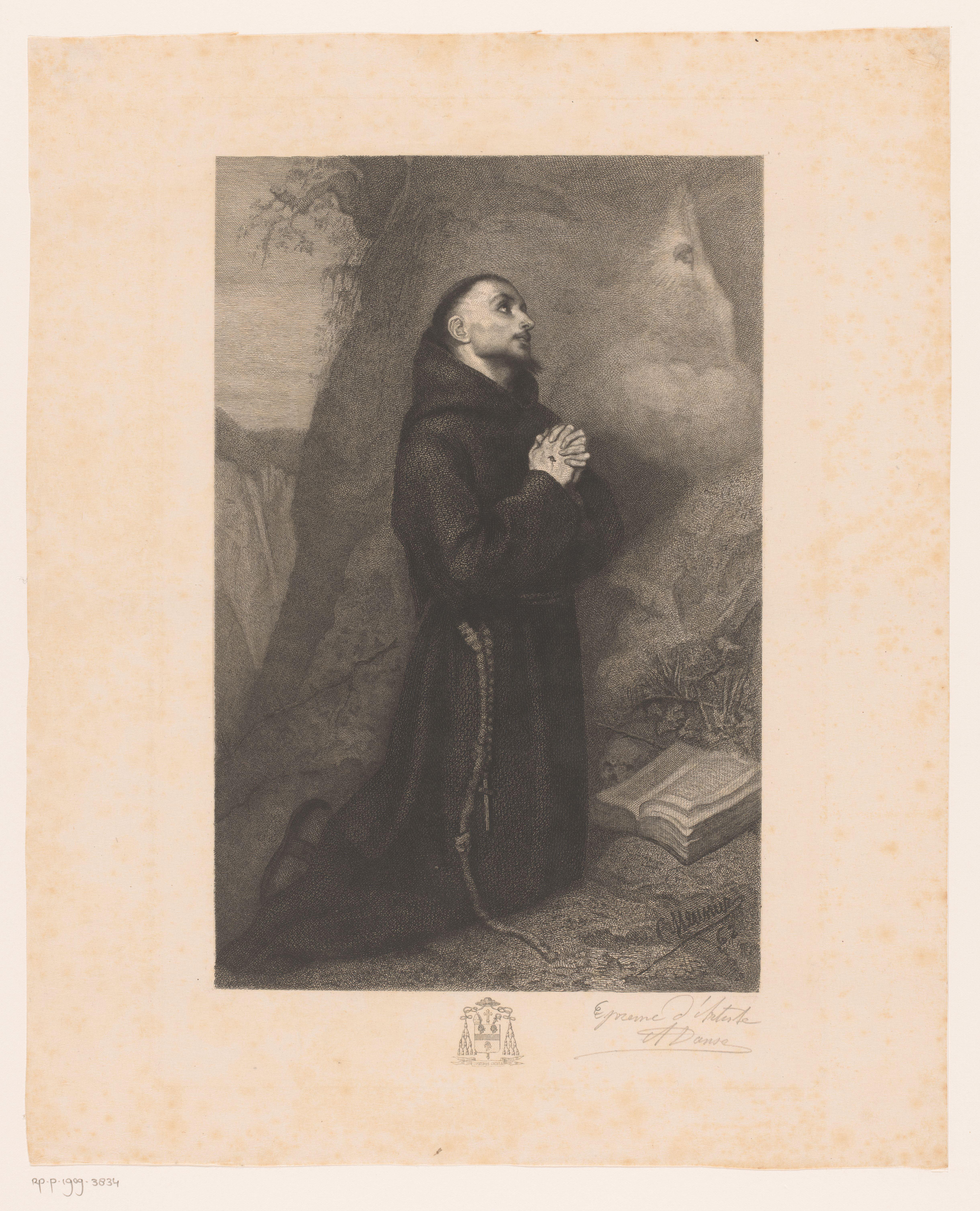 Biddende Franciscus van Assisi met een open bijbel en crucifix