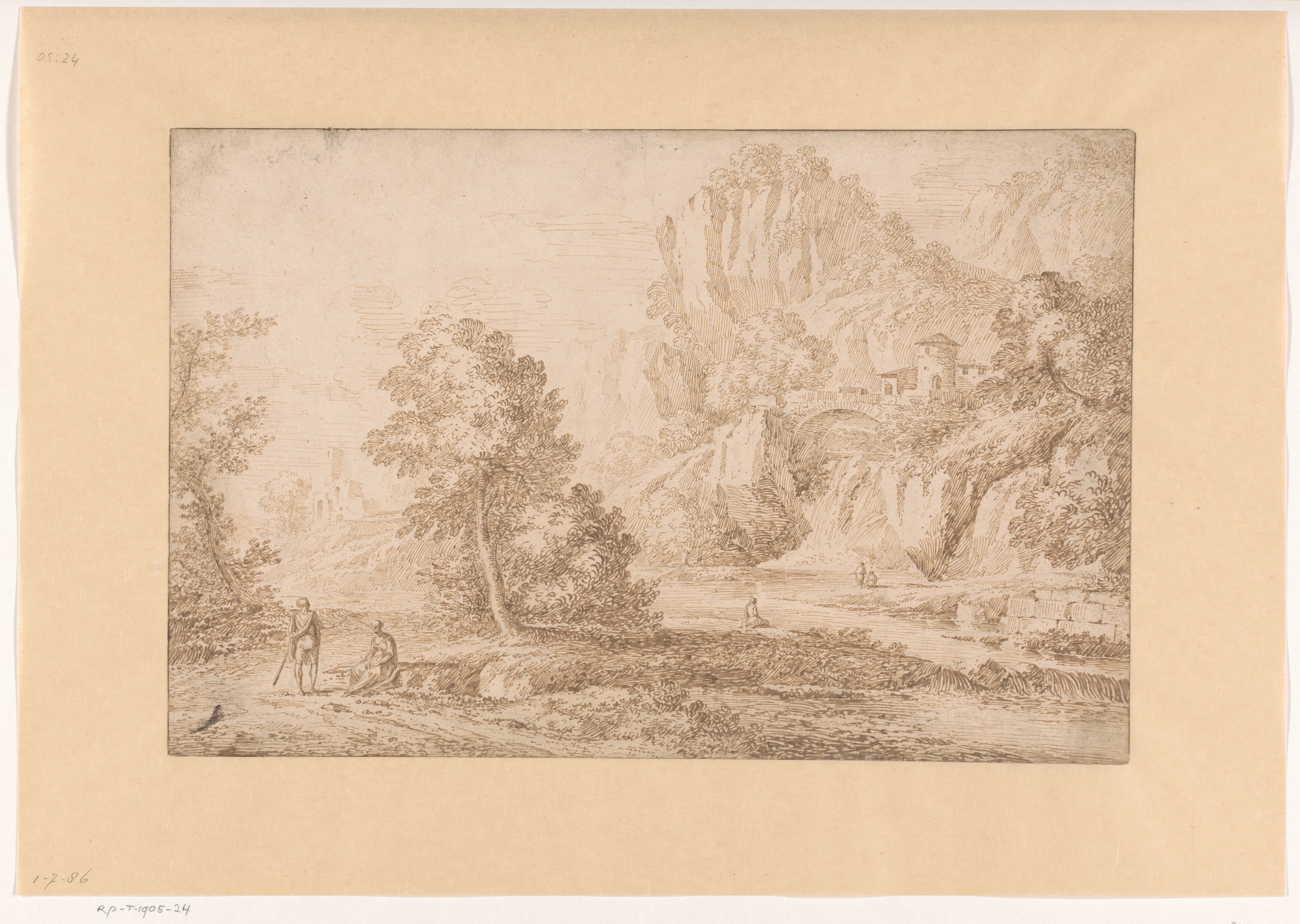 Mountain Landscape with a Bridge over a Waterfall