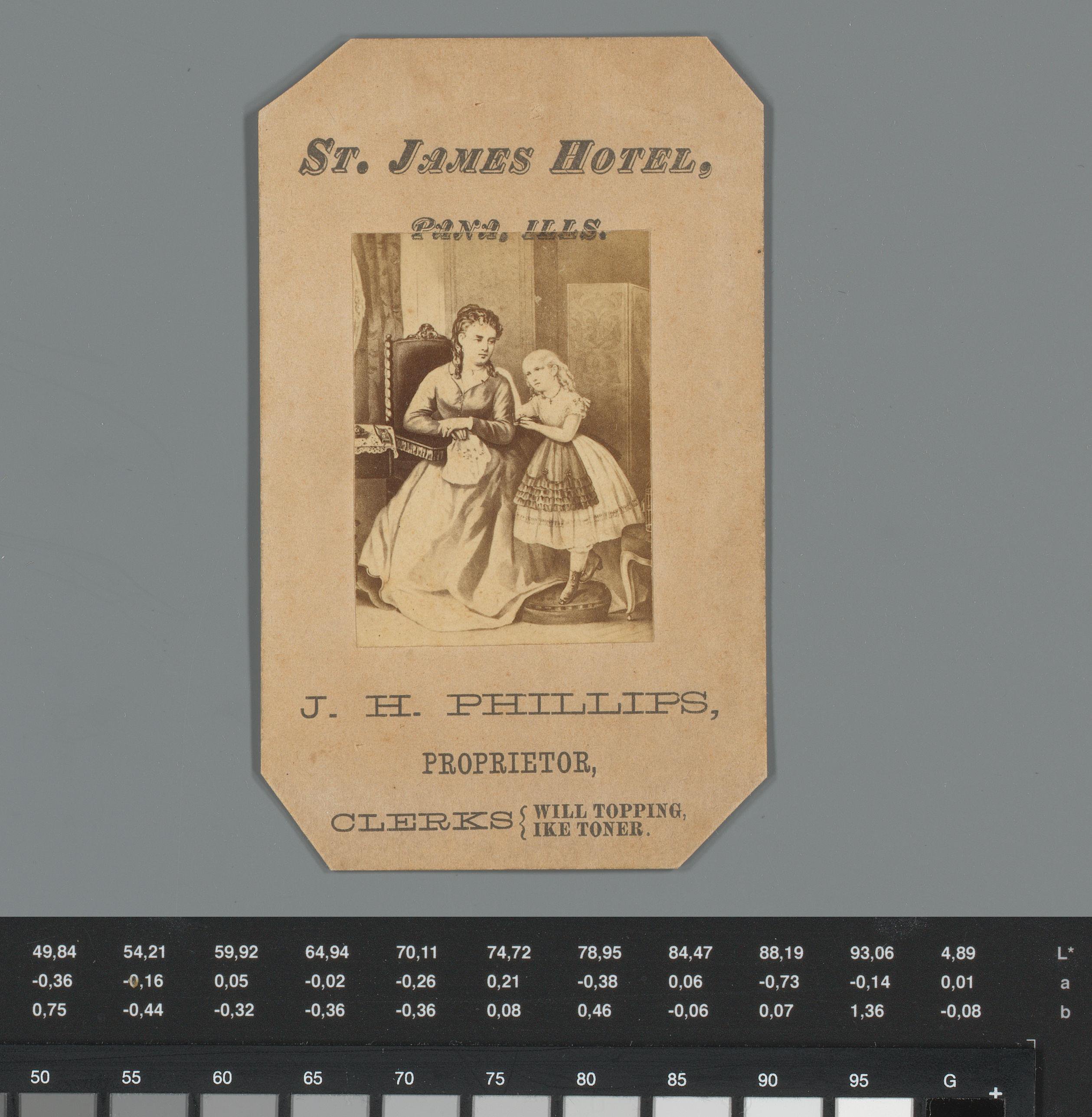 Reclame voor St. James Hotel in Pana, Illinois, met fotoreproductie van een prent van een vrouw met meisje