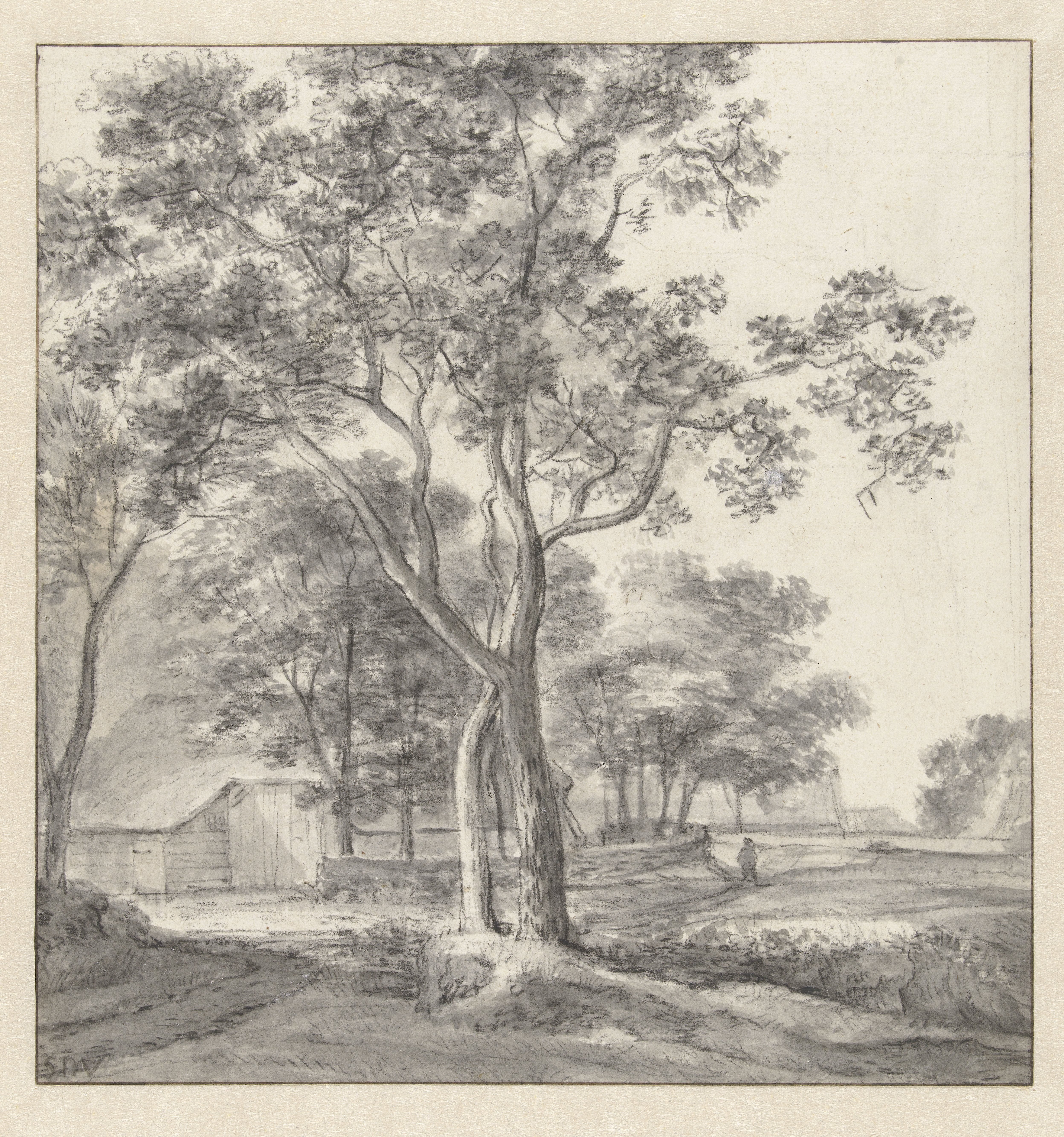 Landschap met bomen rond een schuur