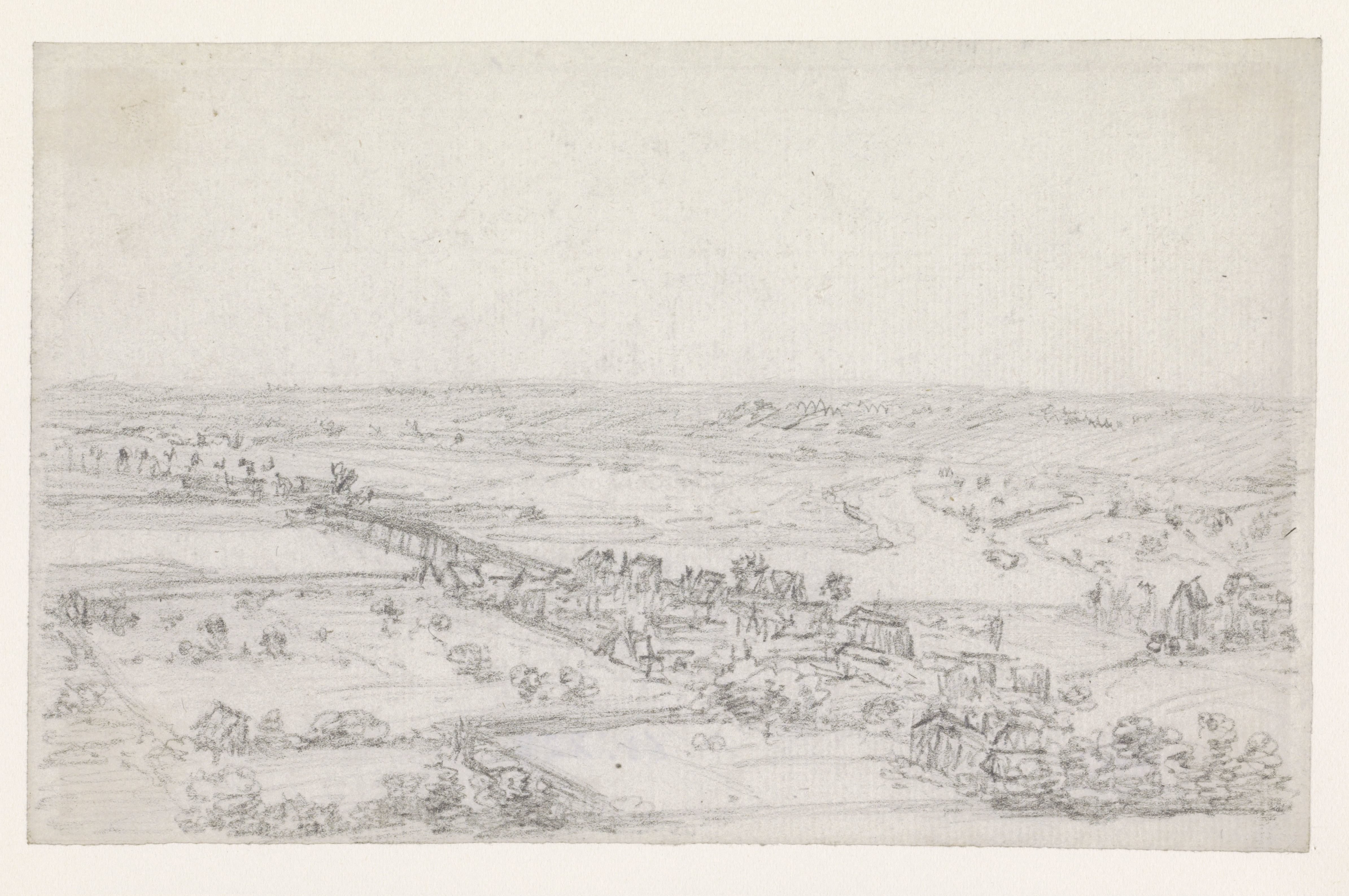 Donker heuvelachtig landschap, rechts huizen
