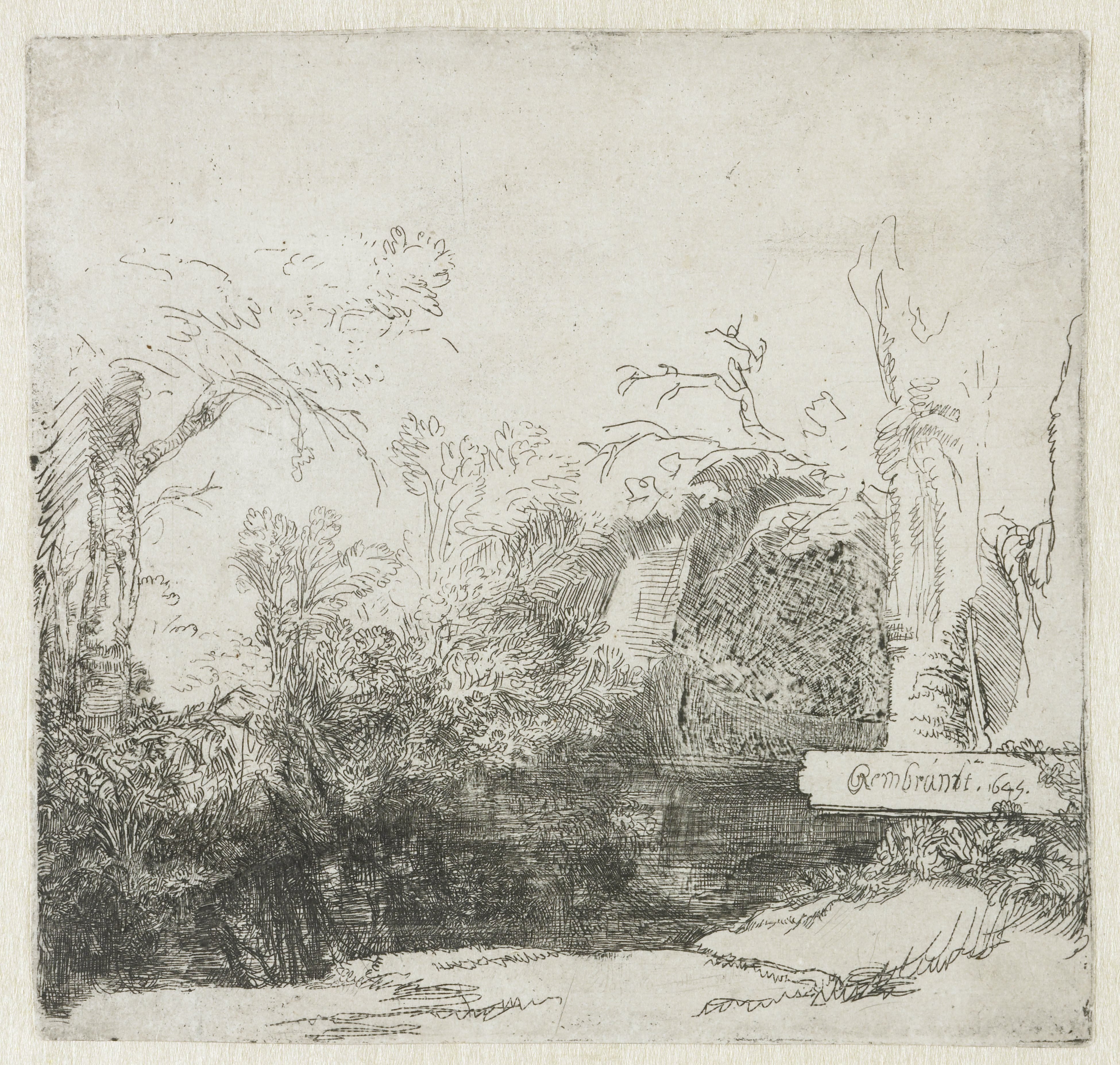 A brook with a grotto and a boat