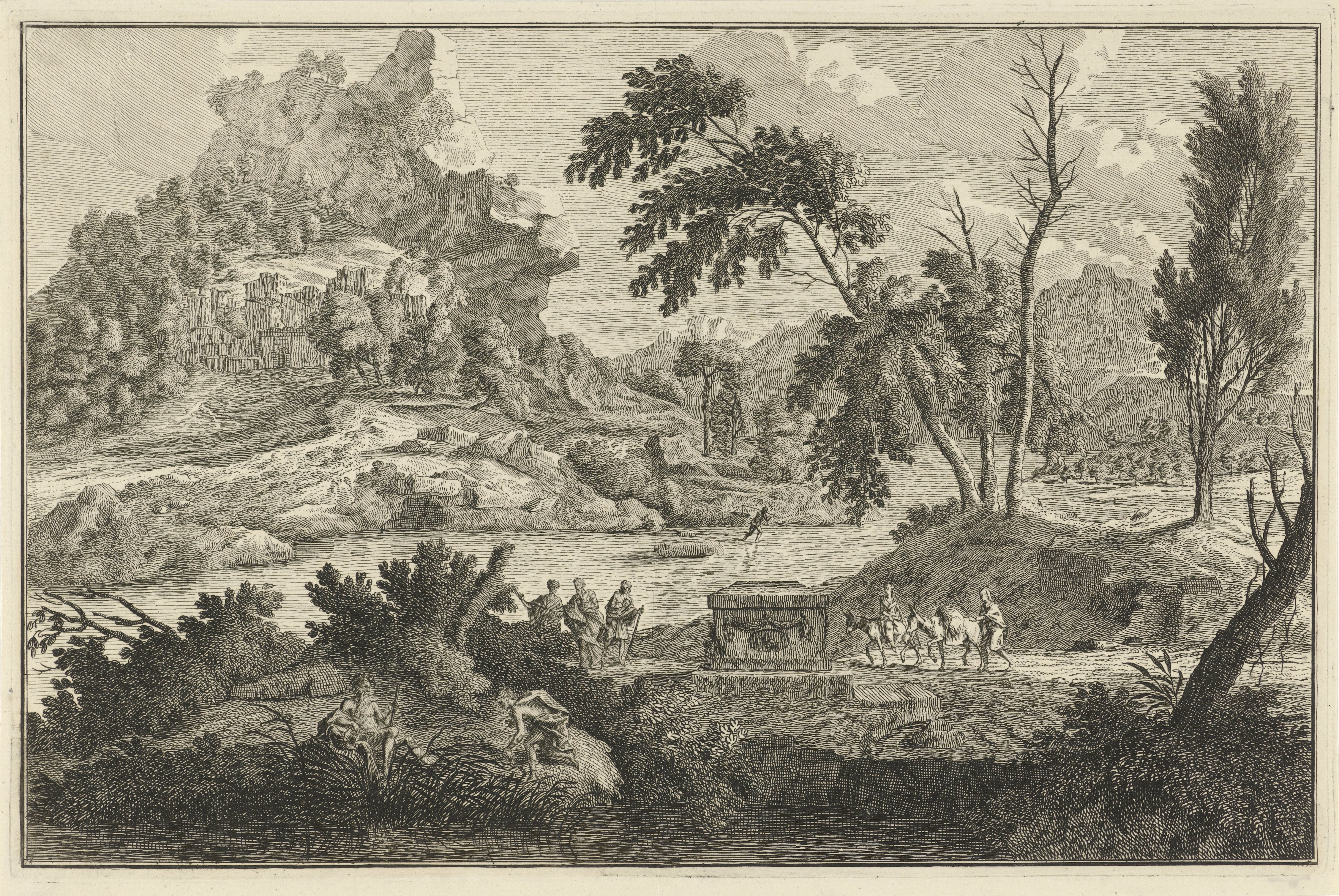 Arcadisch rivierlandschap met twee ezels