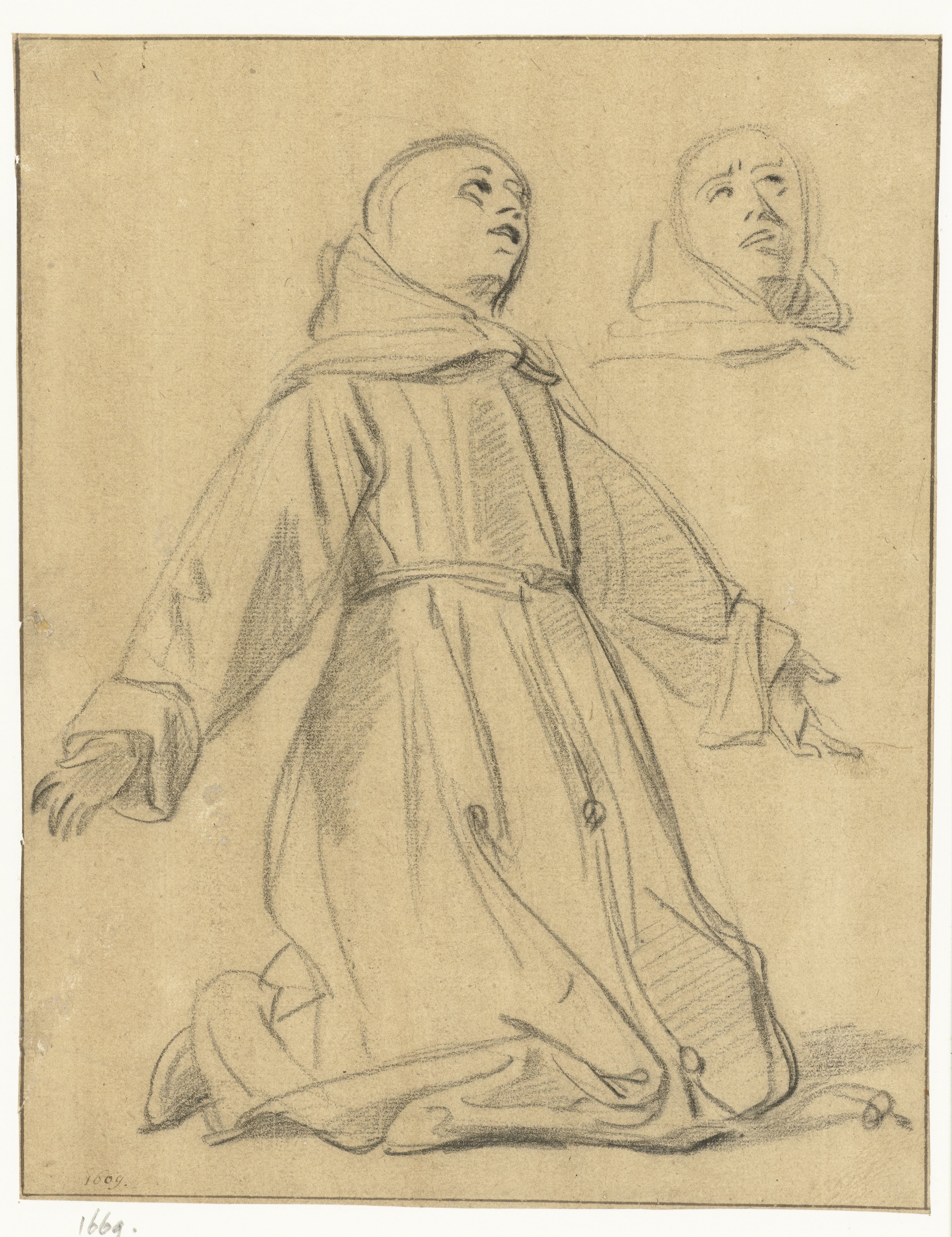 Study of a Kneeling Monk in Extasy, with Alternative Study of his Head