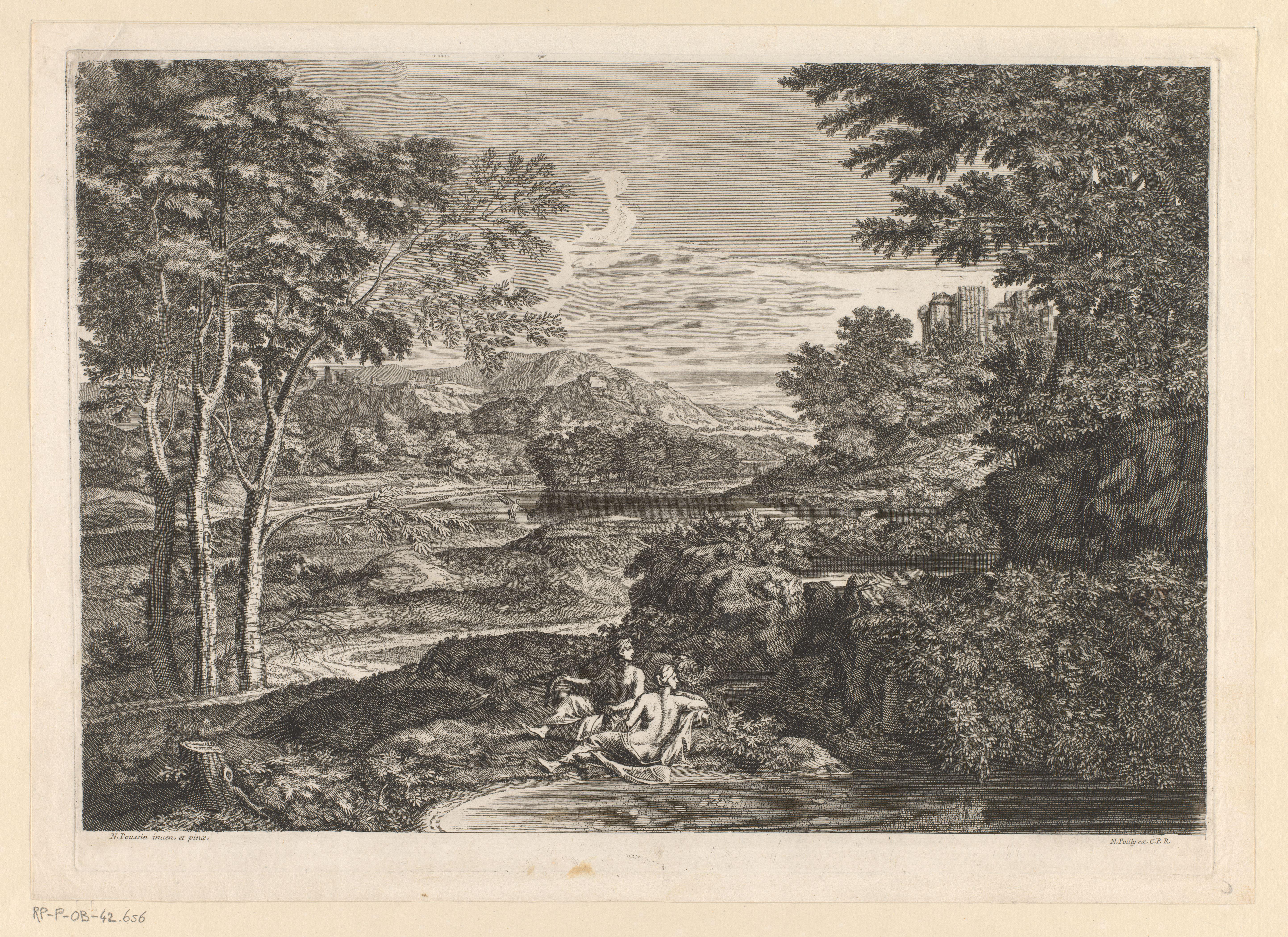 Landschap met twee nimfen naar een slang kijkend
