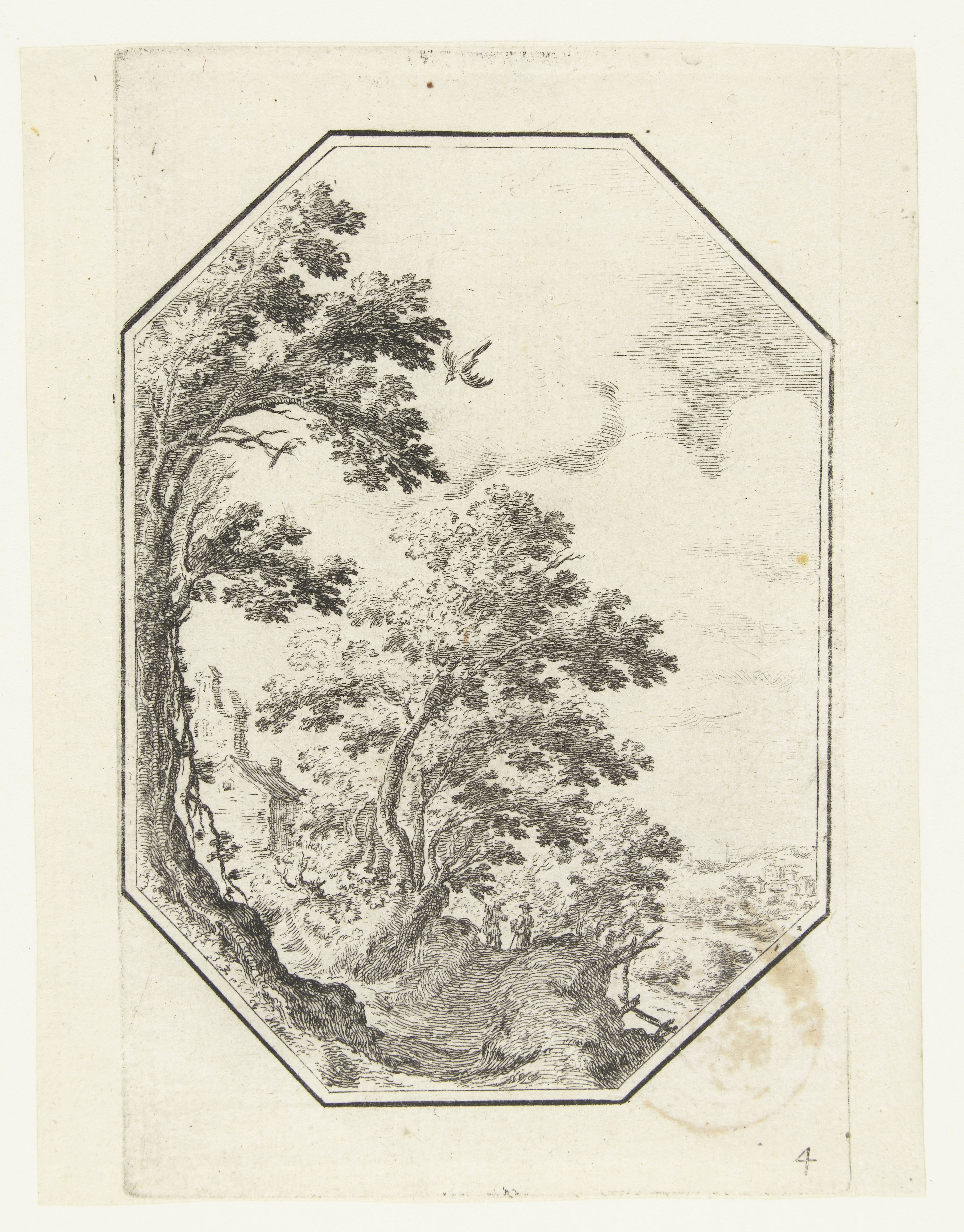 Landschap met pad tussen bomen in octagonaal kader