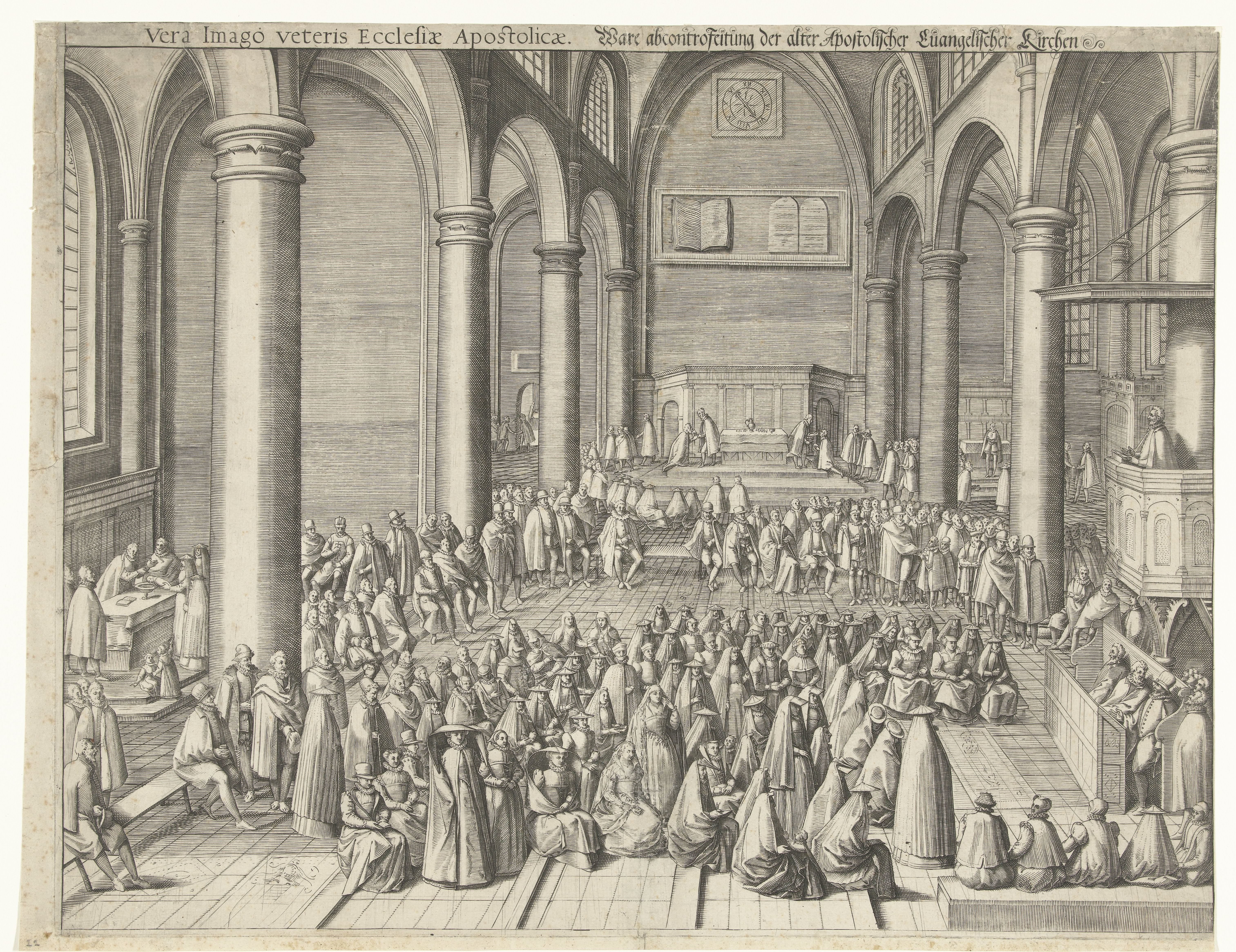 Kerkinterieur met preek, doop en avondmaal