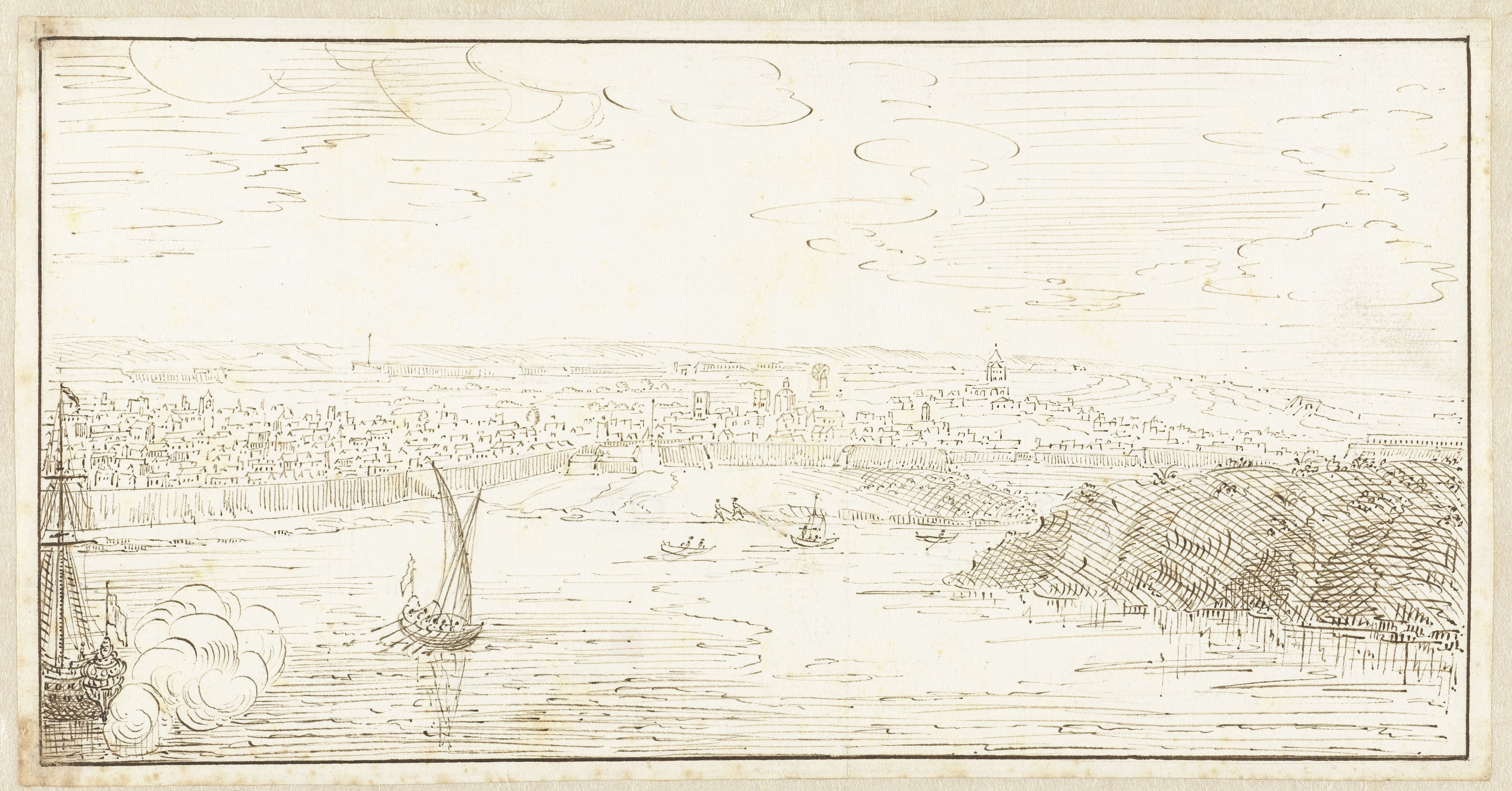 Gezicht over het water op een ommuurde stad