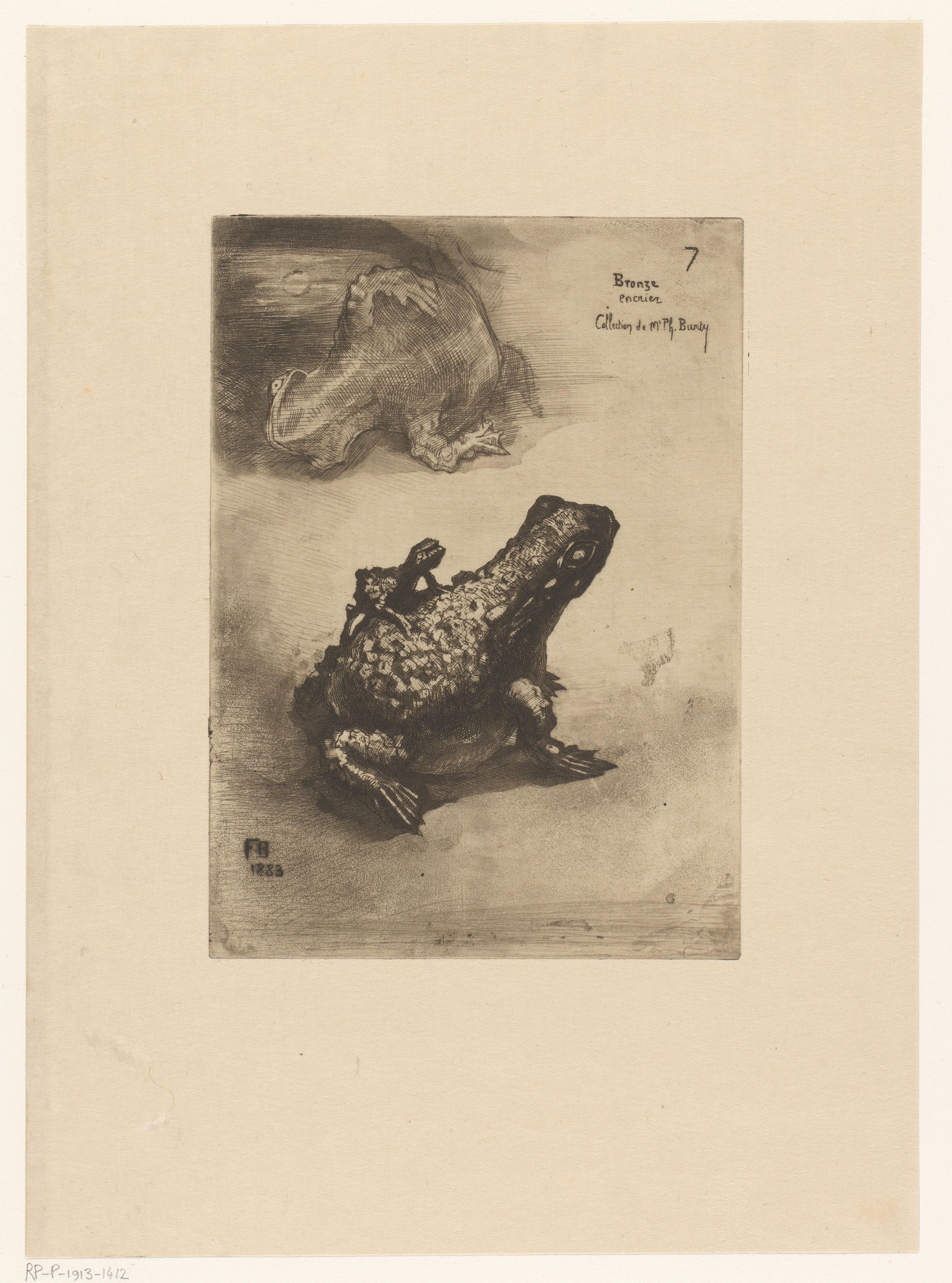 Twee aanzichten van een bronzen inktpot in de vorm van een pad