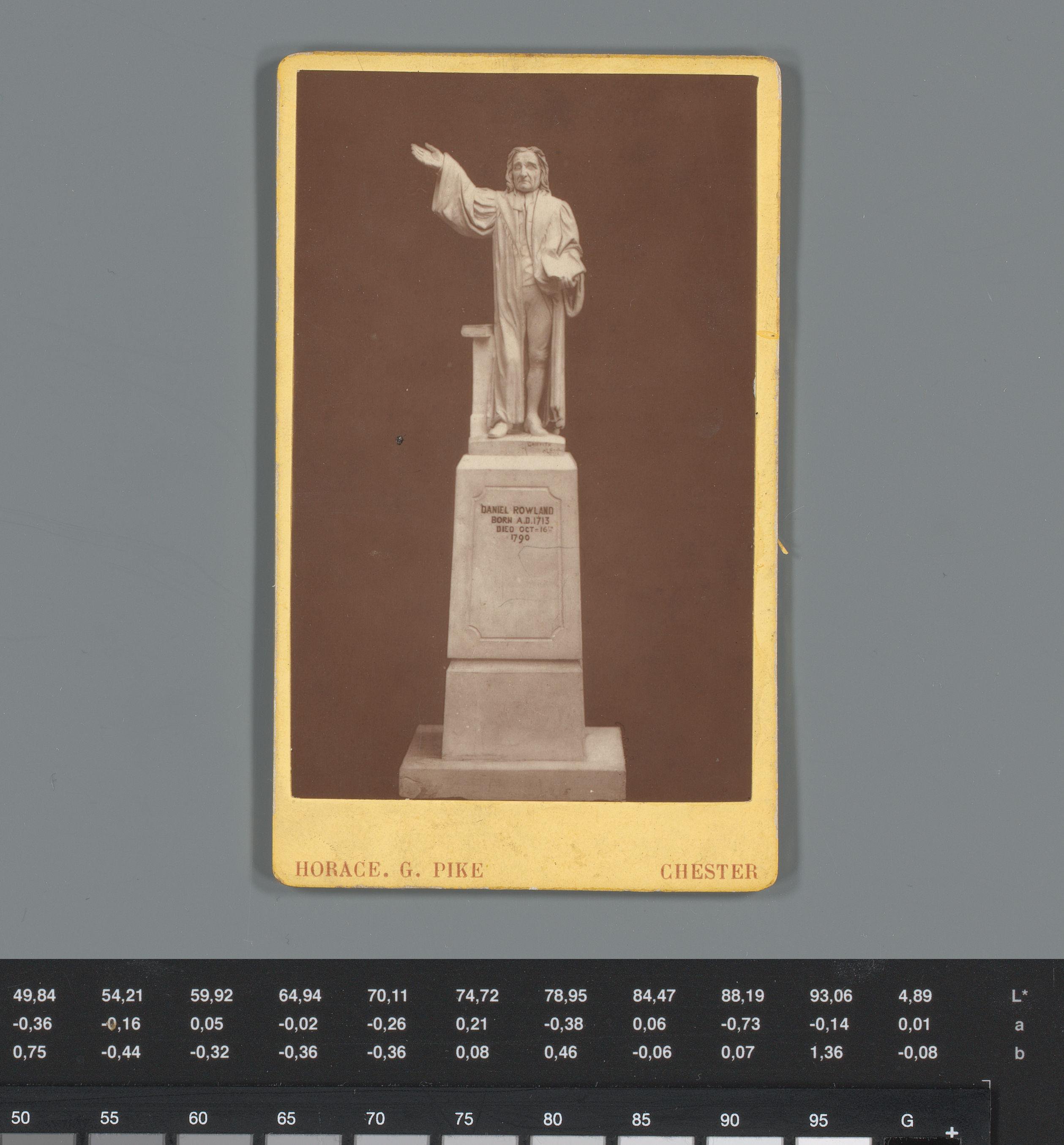 Reclame voor beeldhouwer Edward O. Griffith en fotograaf Horace E. Pike met reproductie van een standbeeld van pastoor Daniel Rowland