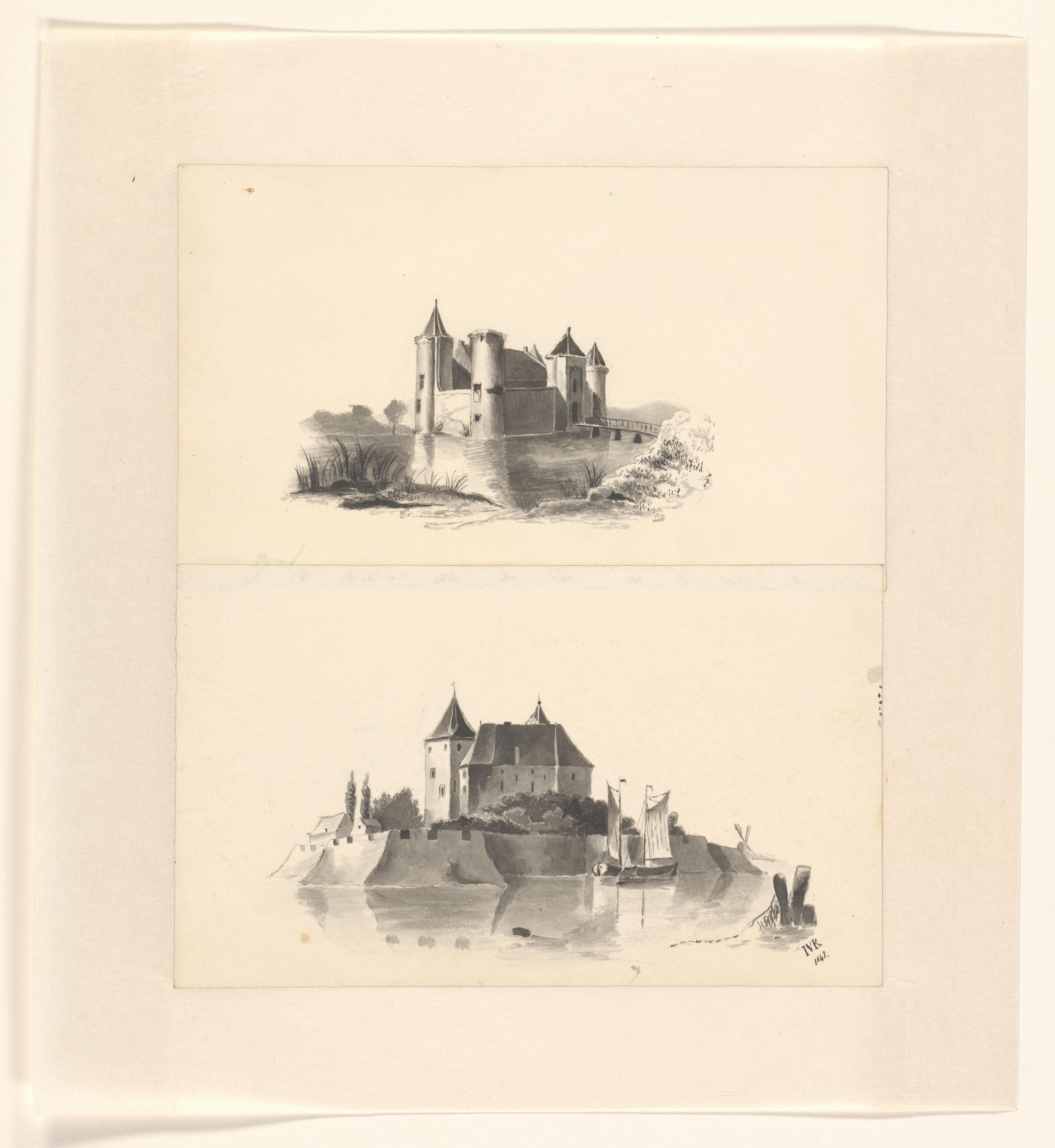 Twee voorstellingen van een kasteel omgeven door water