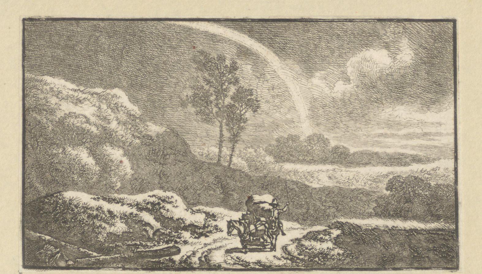 Landschap met regenboog en een rijtuig