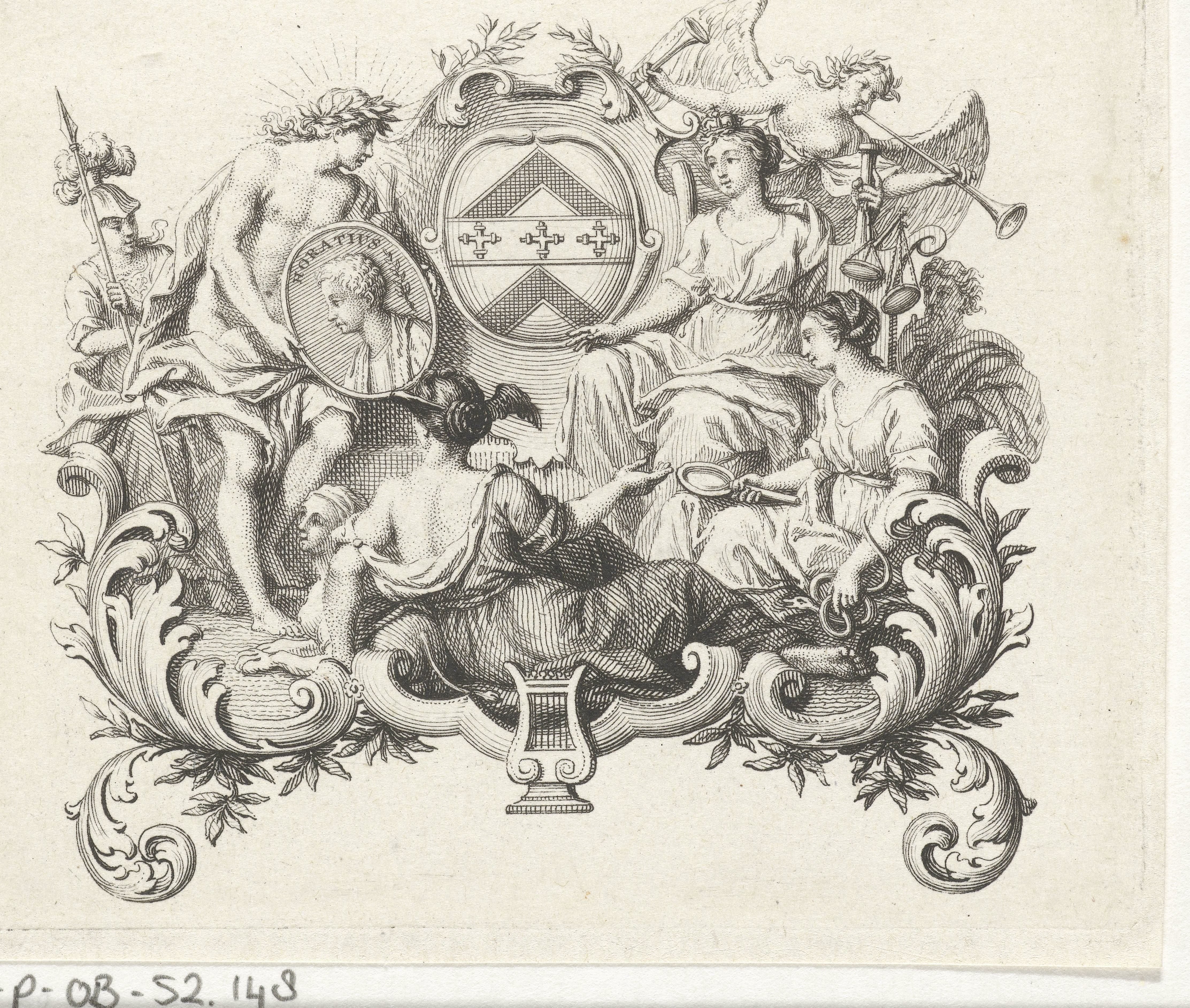 Cartouche met portretmedaillon van Horatius