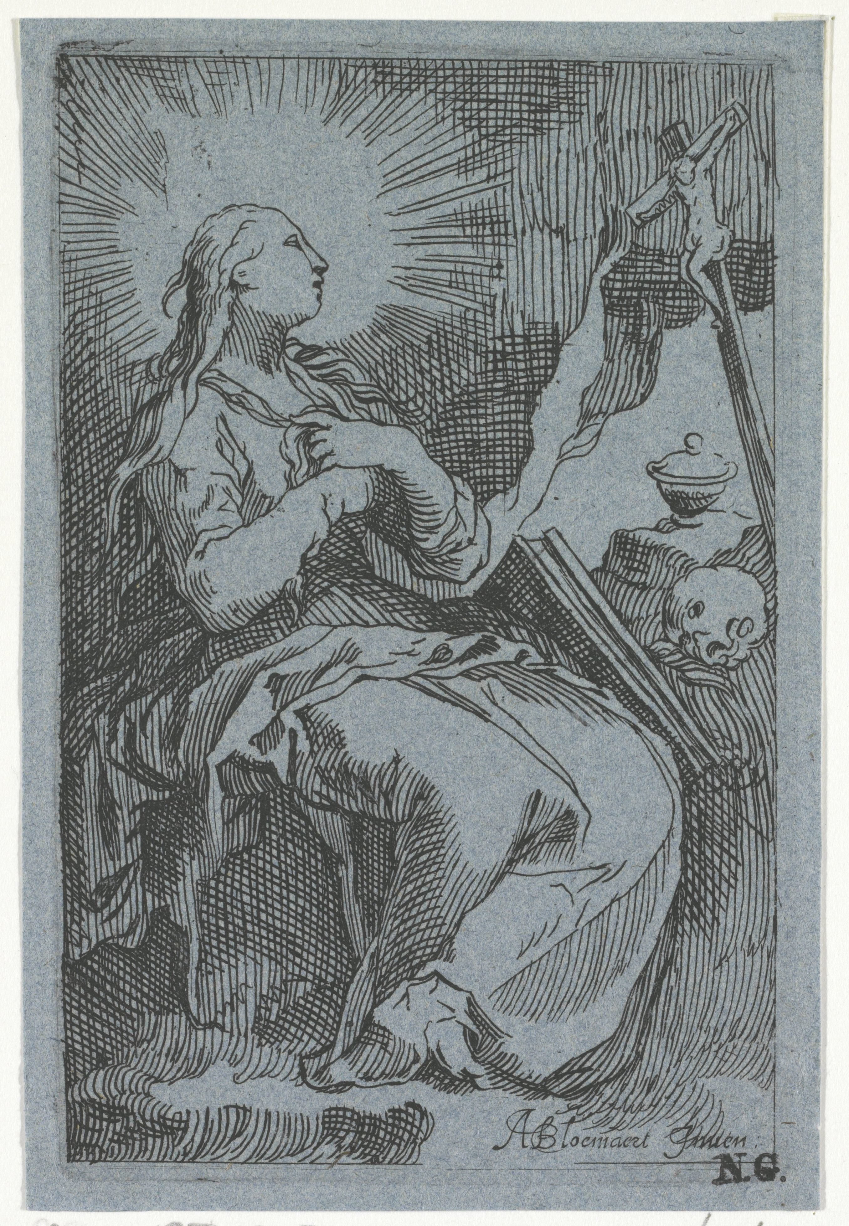 Boetvaardige Maria Magdalena in de grot voor crucifix