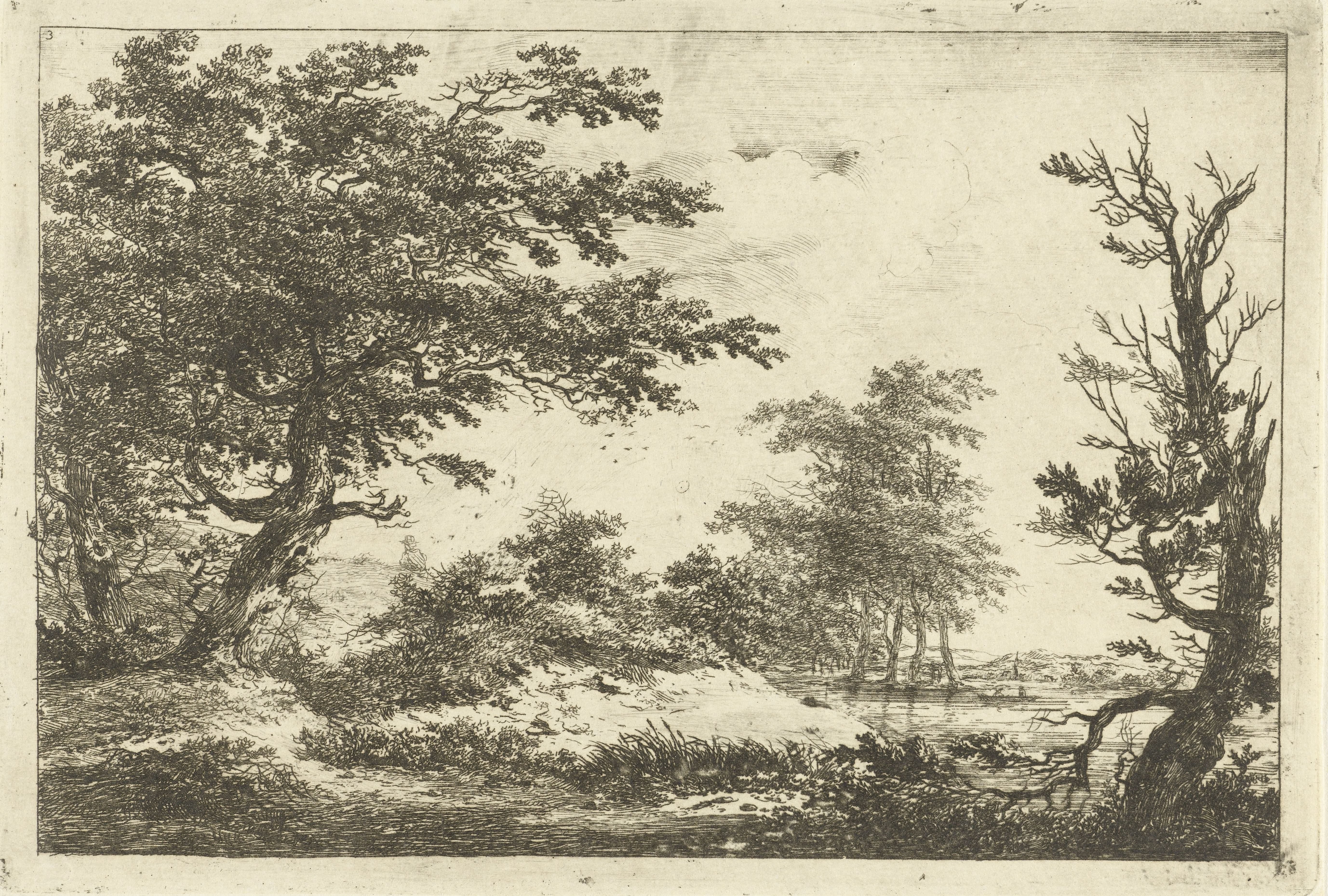 Landschap met heuvel, water en bomen