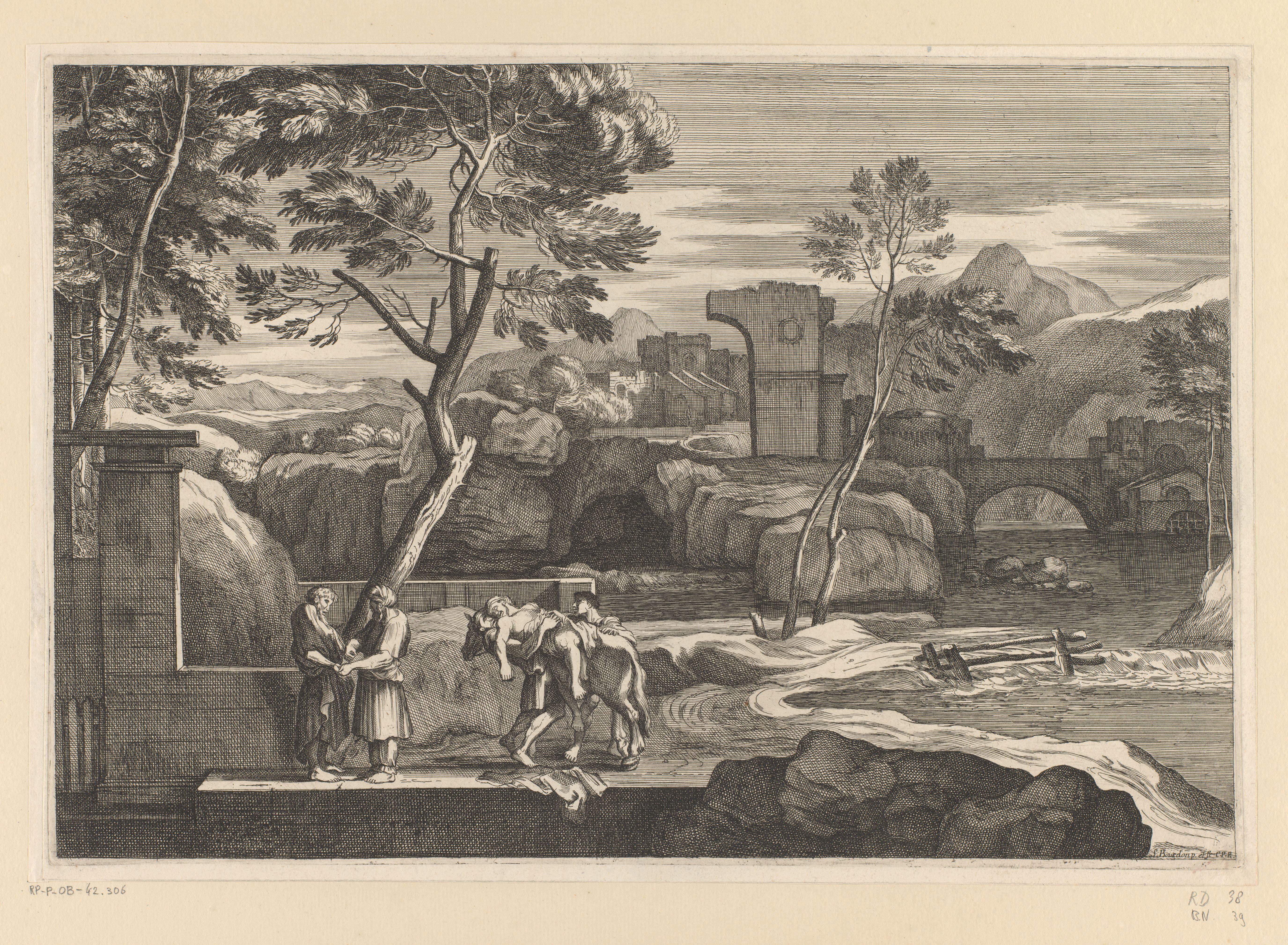 Landschap met aankomst van de Barmhartige Samaritaan bij de herberg