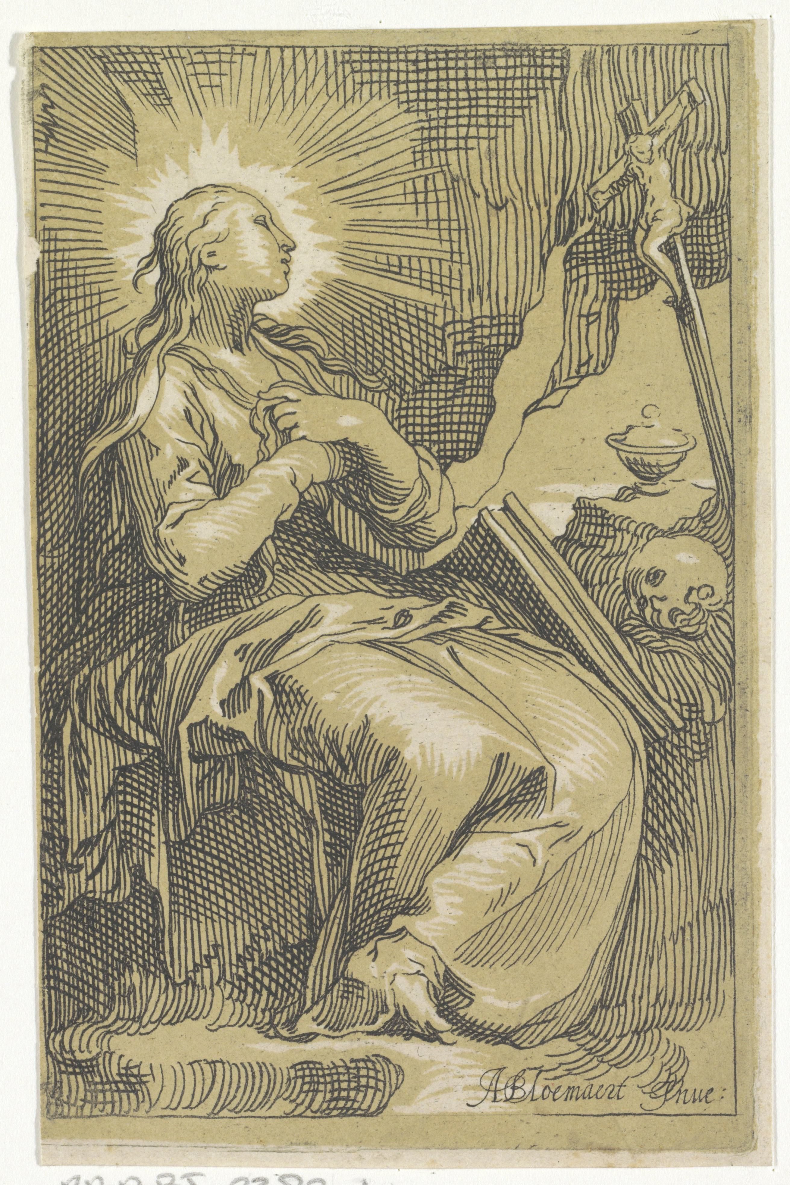 Boetvaardige Maria Magdalena in de grot voor crucifix