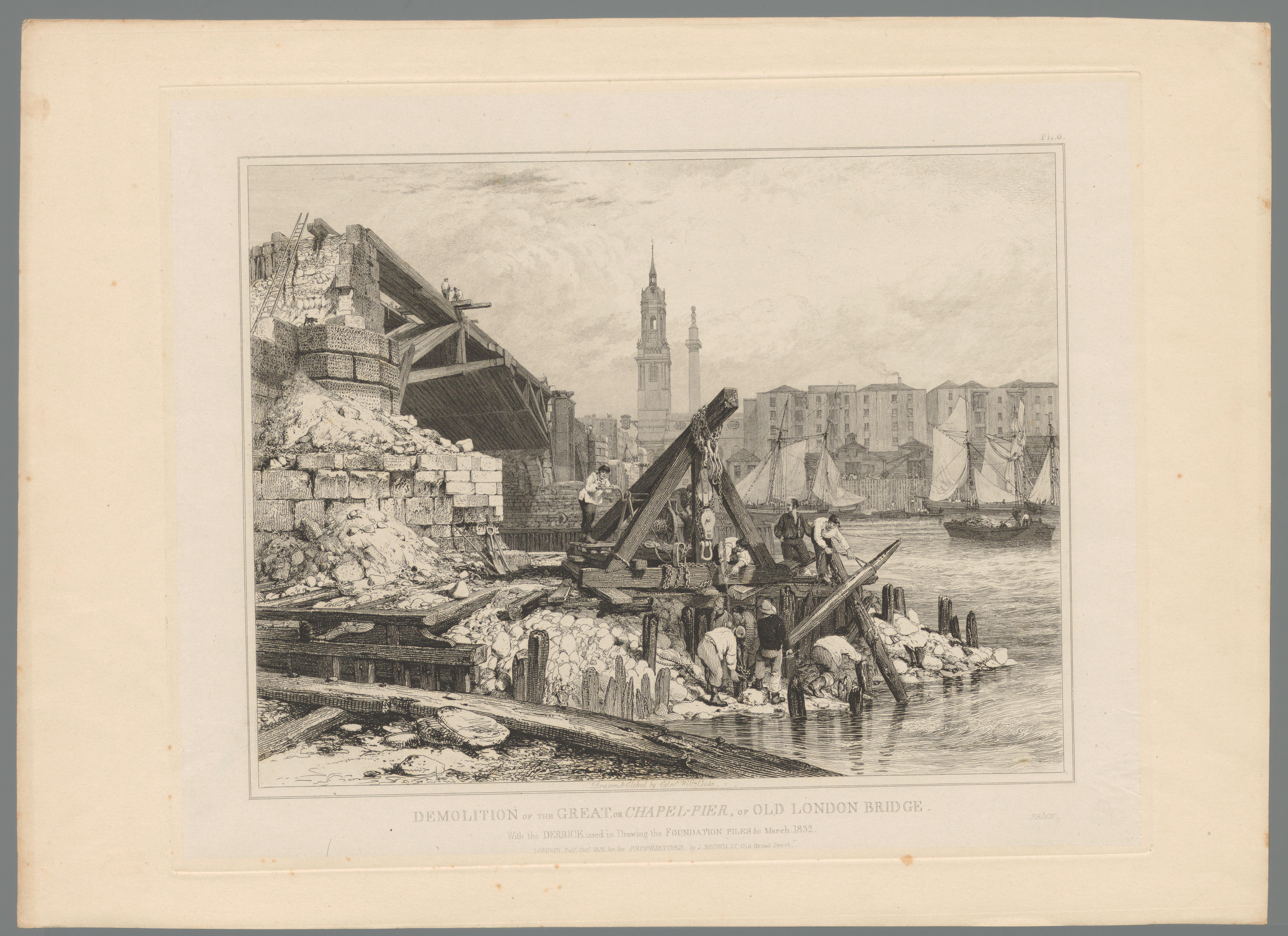 Sloop van een deel van de oude London Bridge, 1832