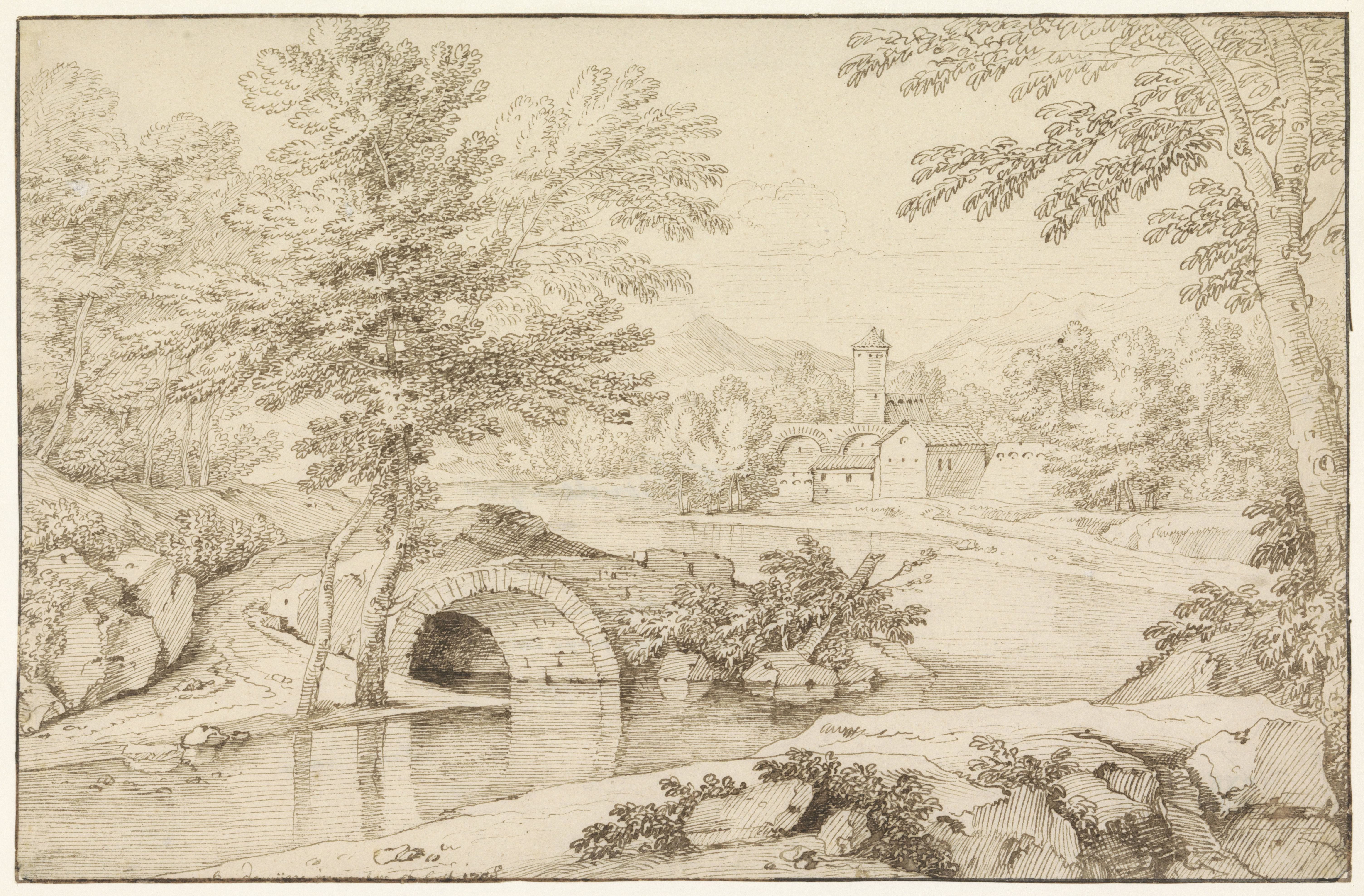Italiaans landschap met ruïne van een brug