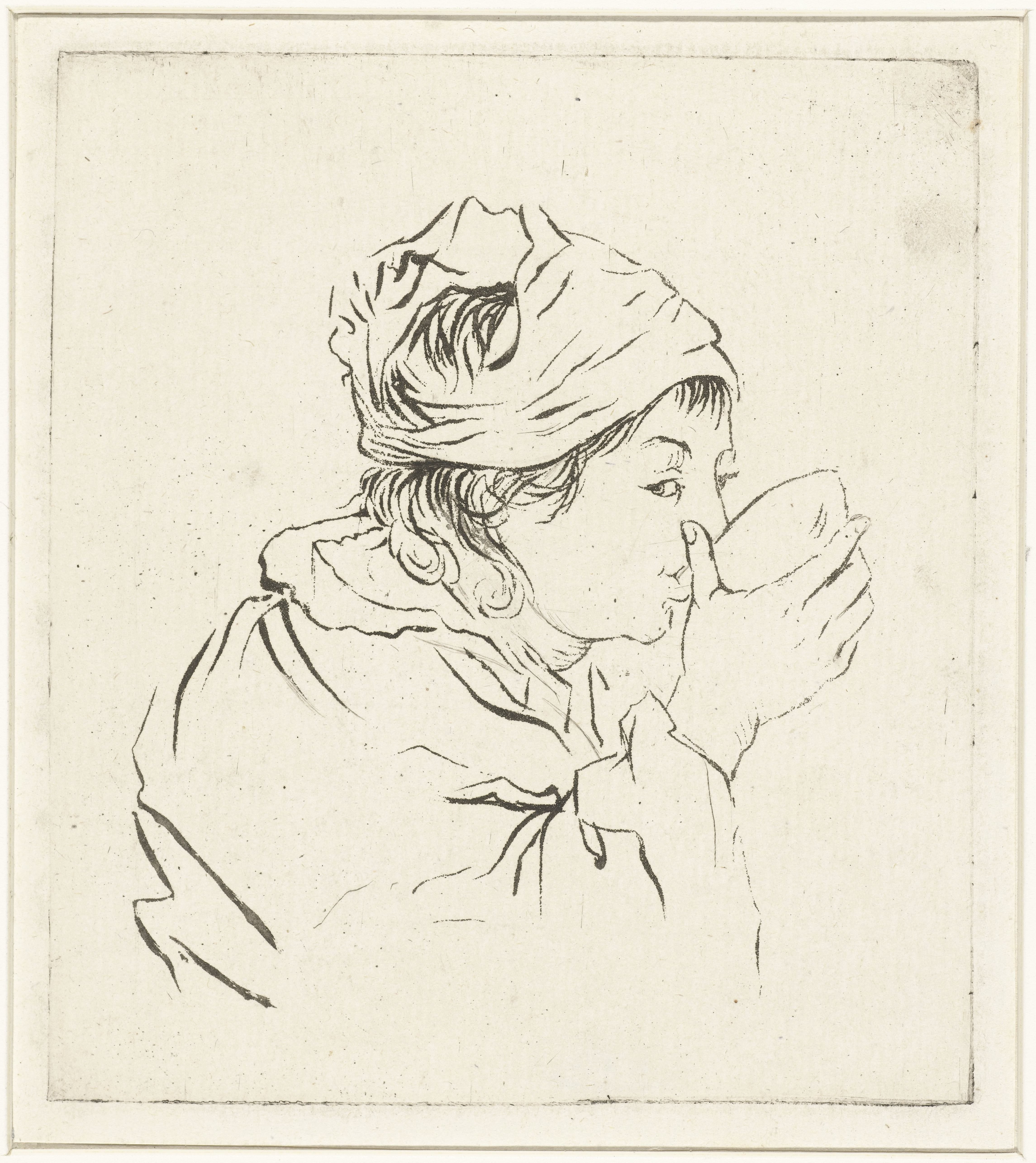 Borstbeeld van een drinkende vrouw met hoofddoek