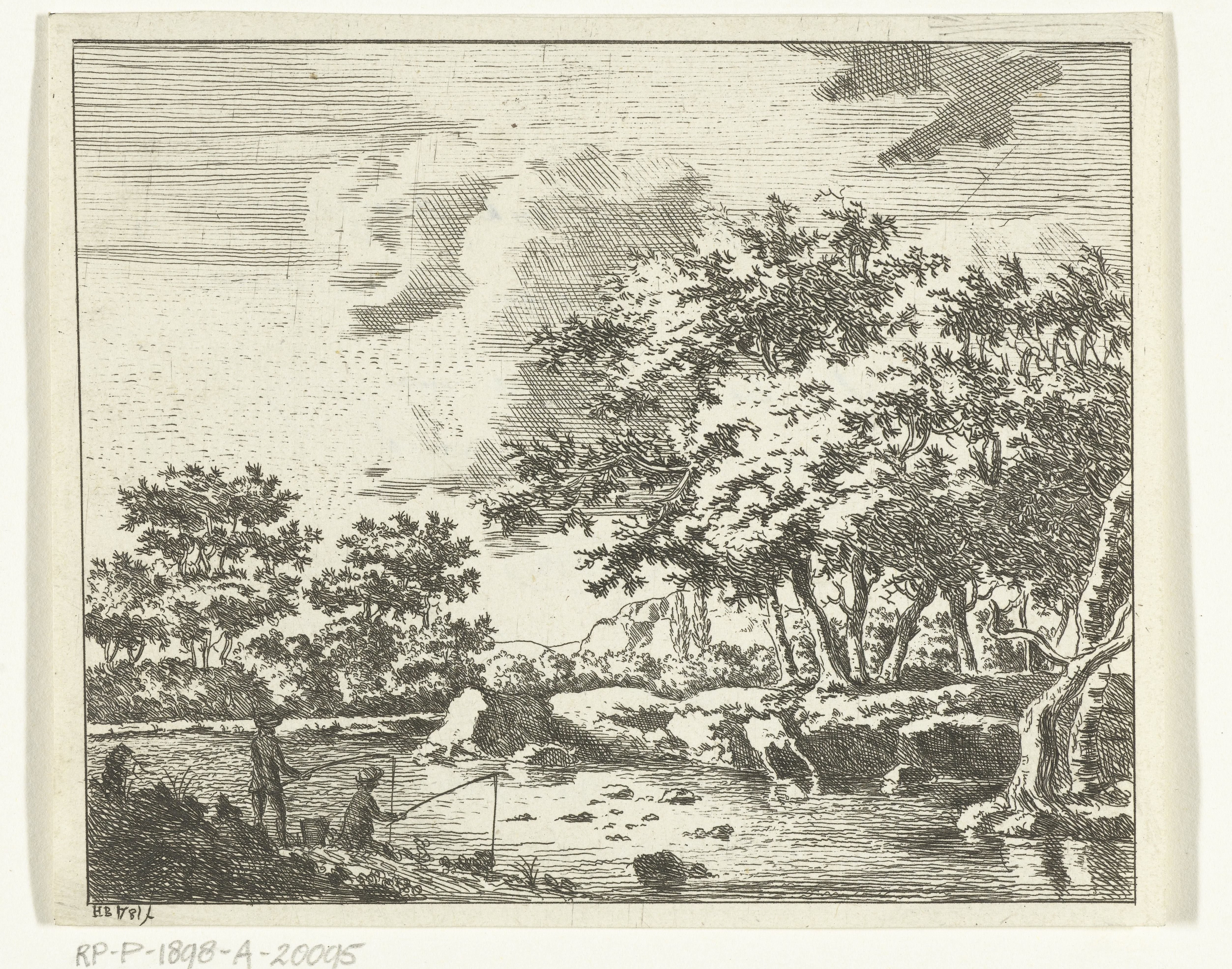 Landschap met twee vissers bij rivier