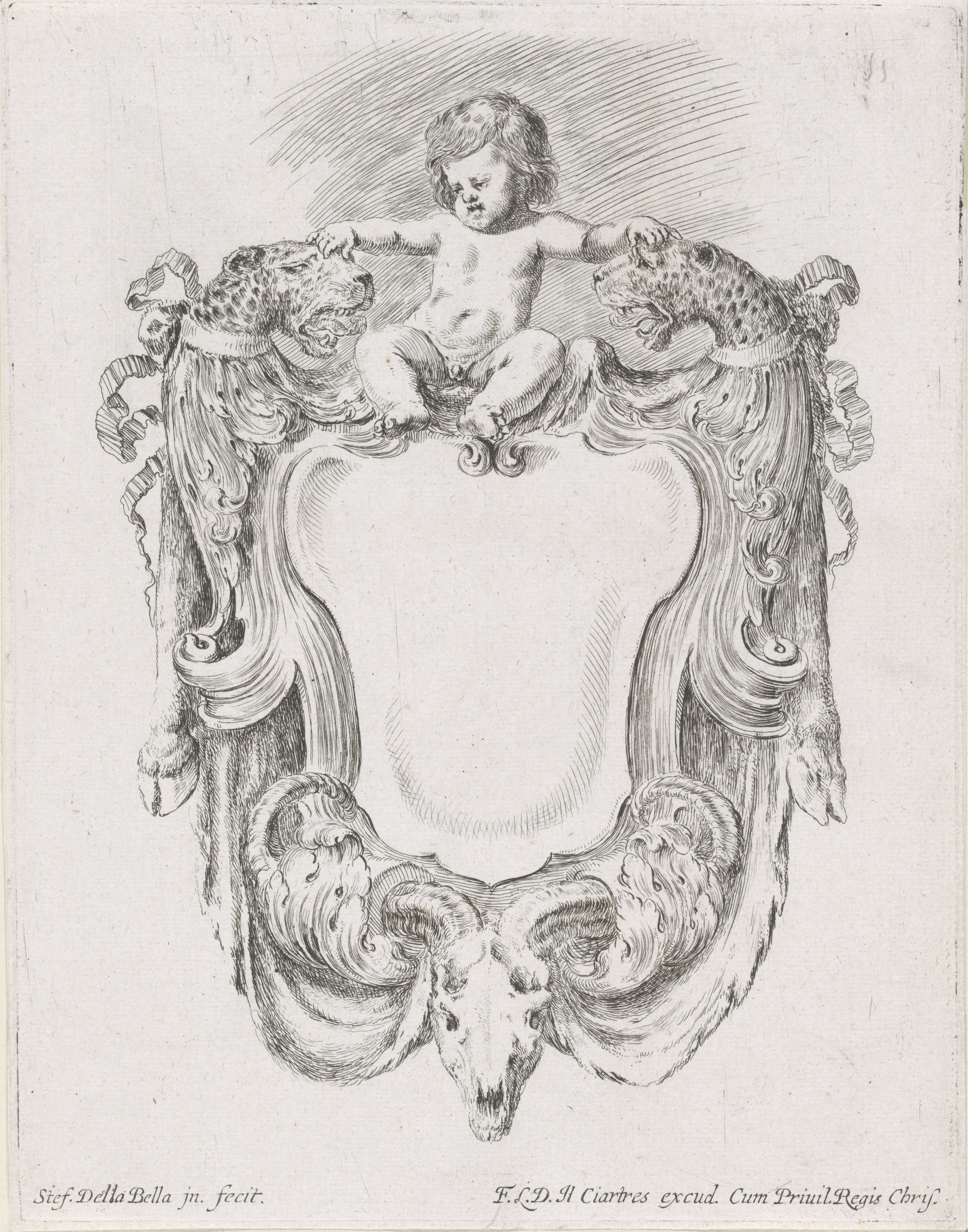 Cartouche met een putto, twee panterkoppen en een schedel van een ram