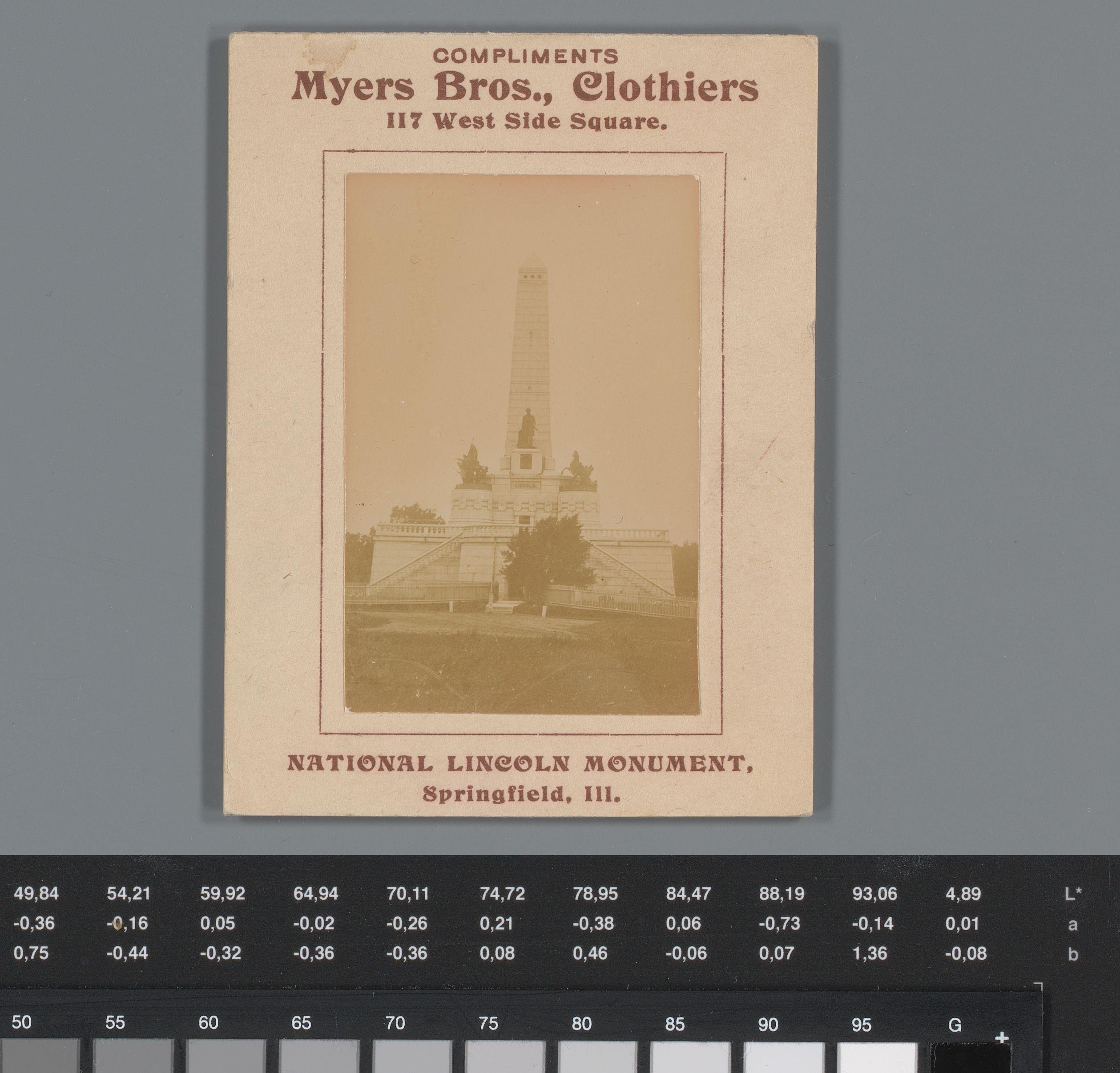 Reclame voor kledingmaker Myers Brothers te Springfield, met gezicht op het Lincolnmonument
