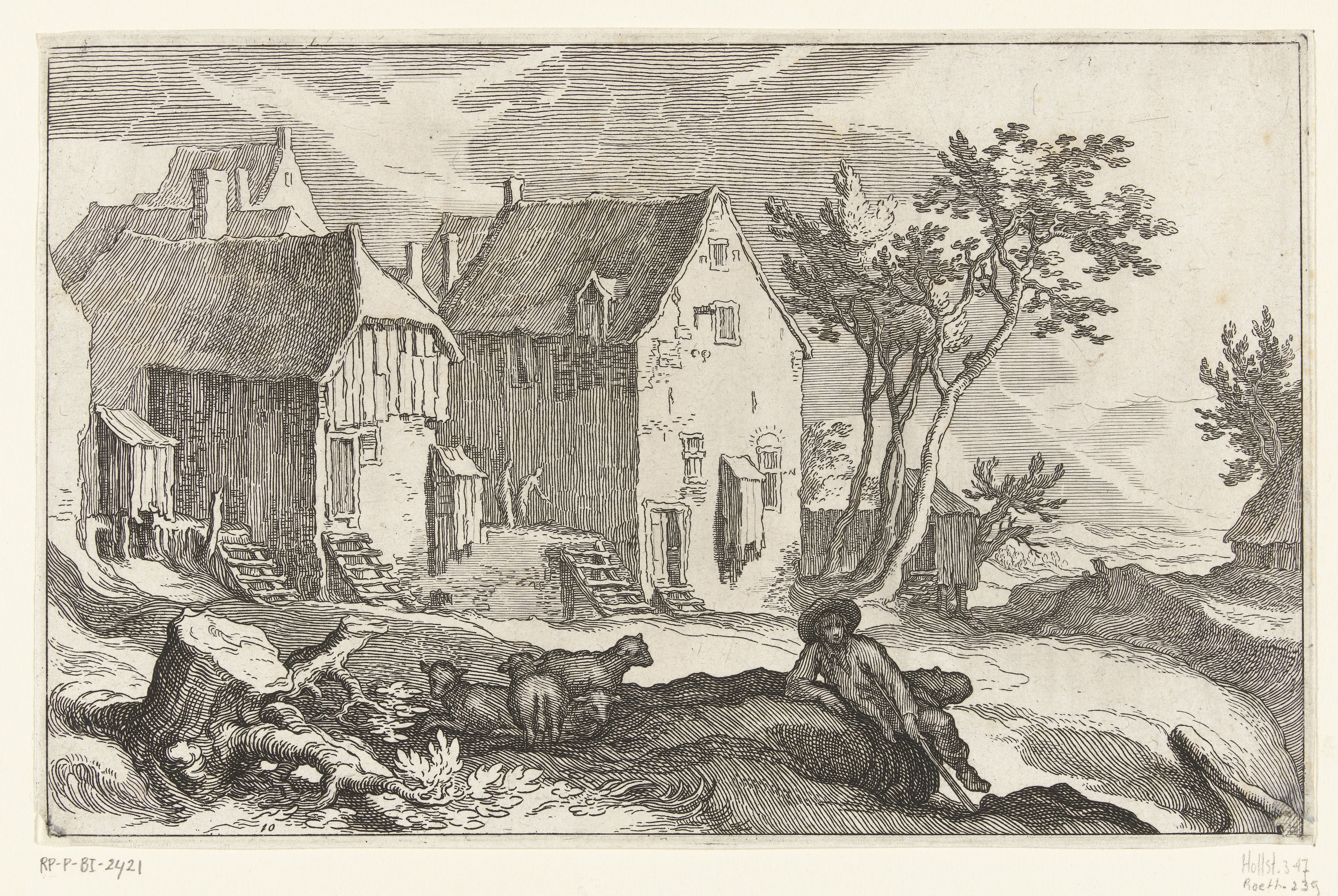 Boerderij en herder met schapen