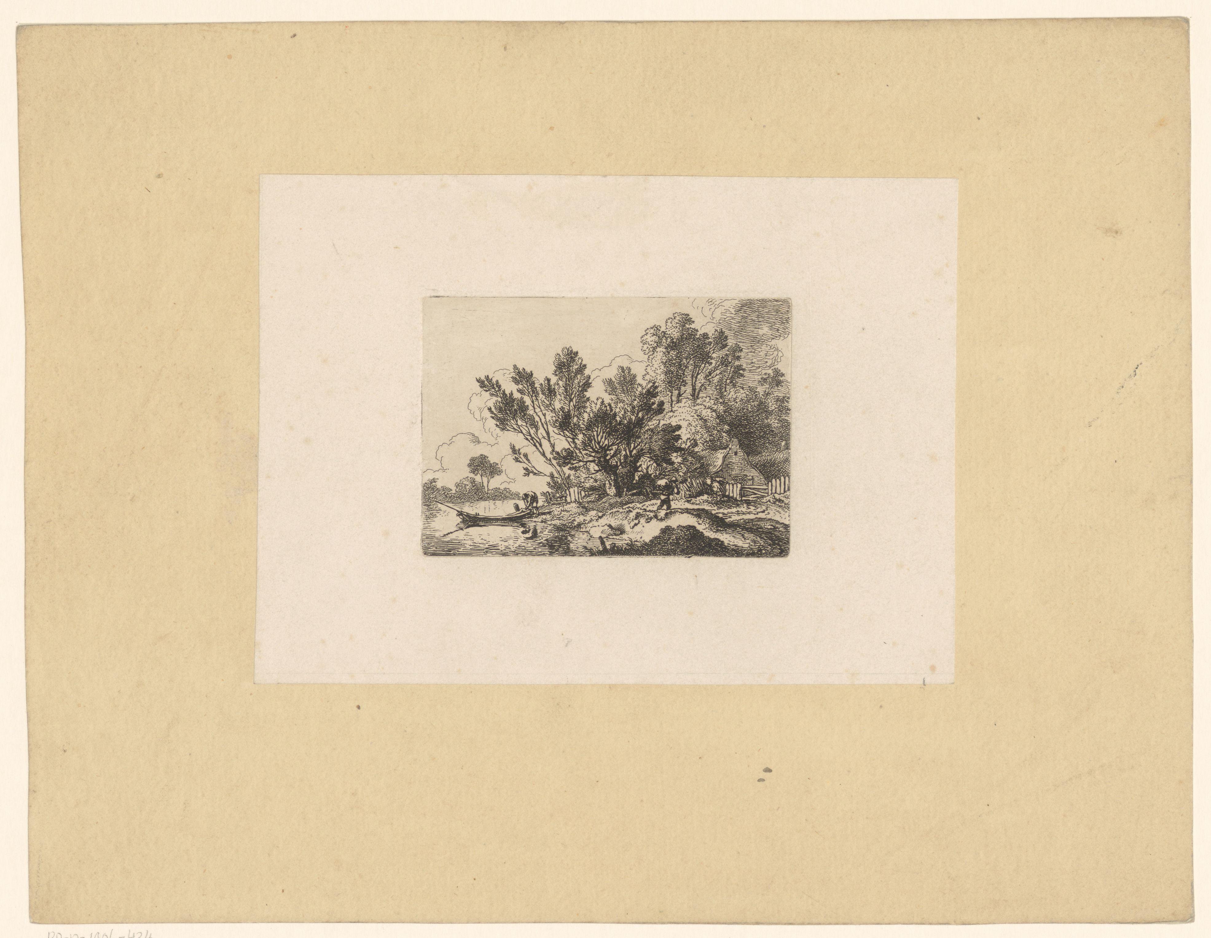 Landschap met figuren bij de oever van een rivier
