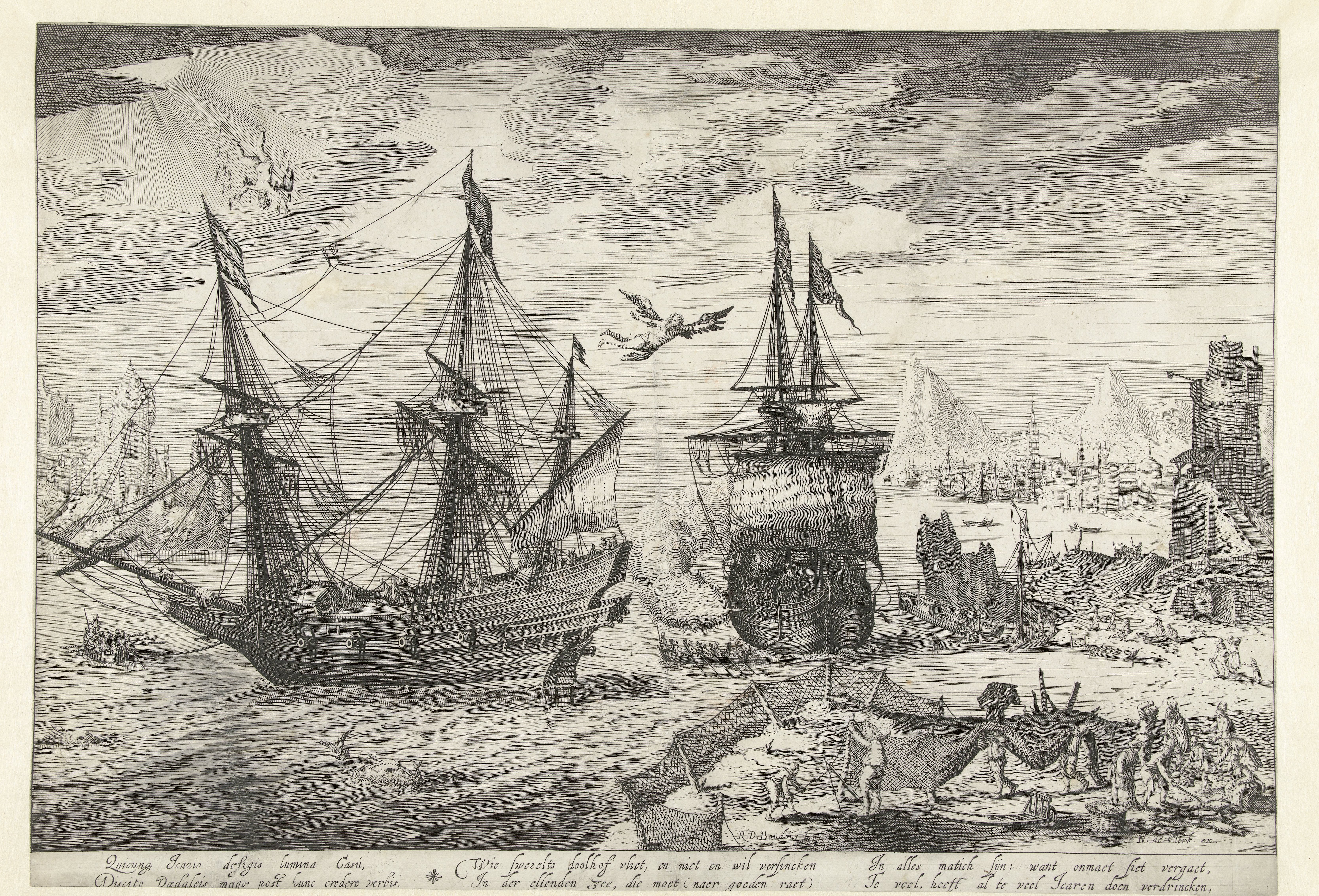 Haven met schepen, in de lucht de val van Icarus
