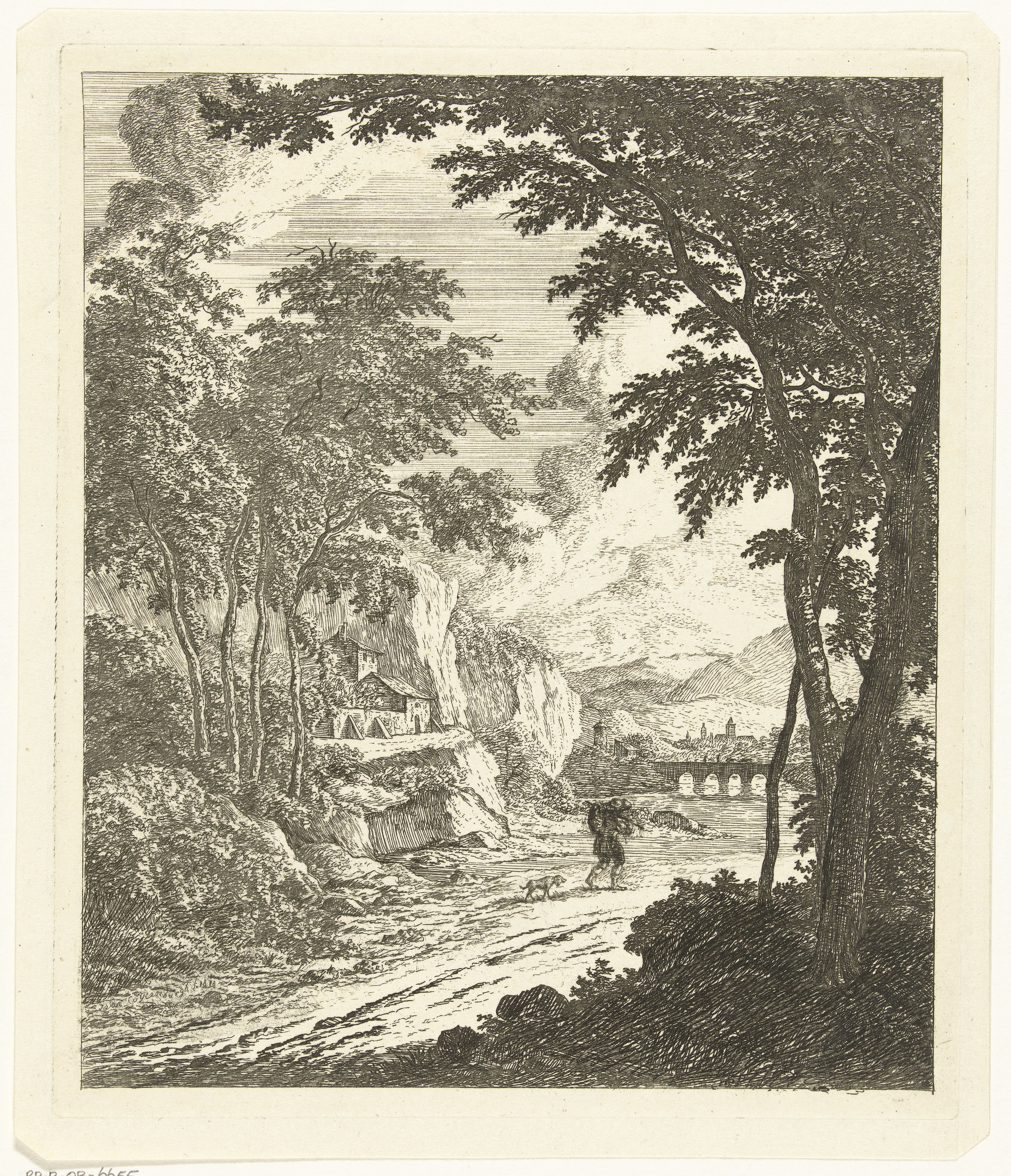 Landschap met rivier en man met hond