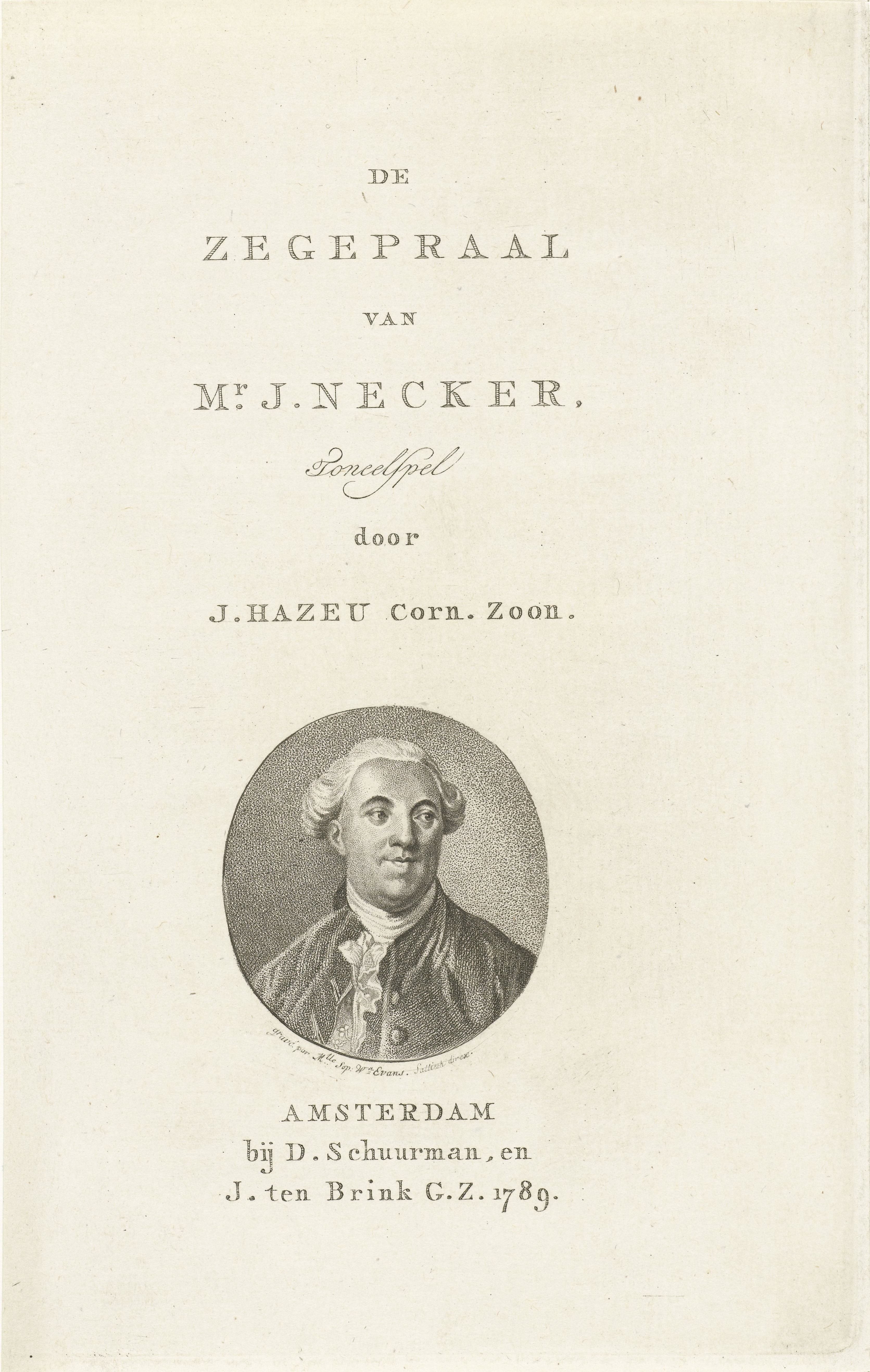 Titelpagina voor De zegepraal van Mr. J. Necker, Amsterdam, 1789