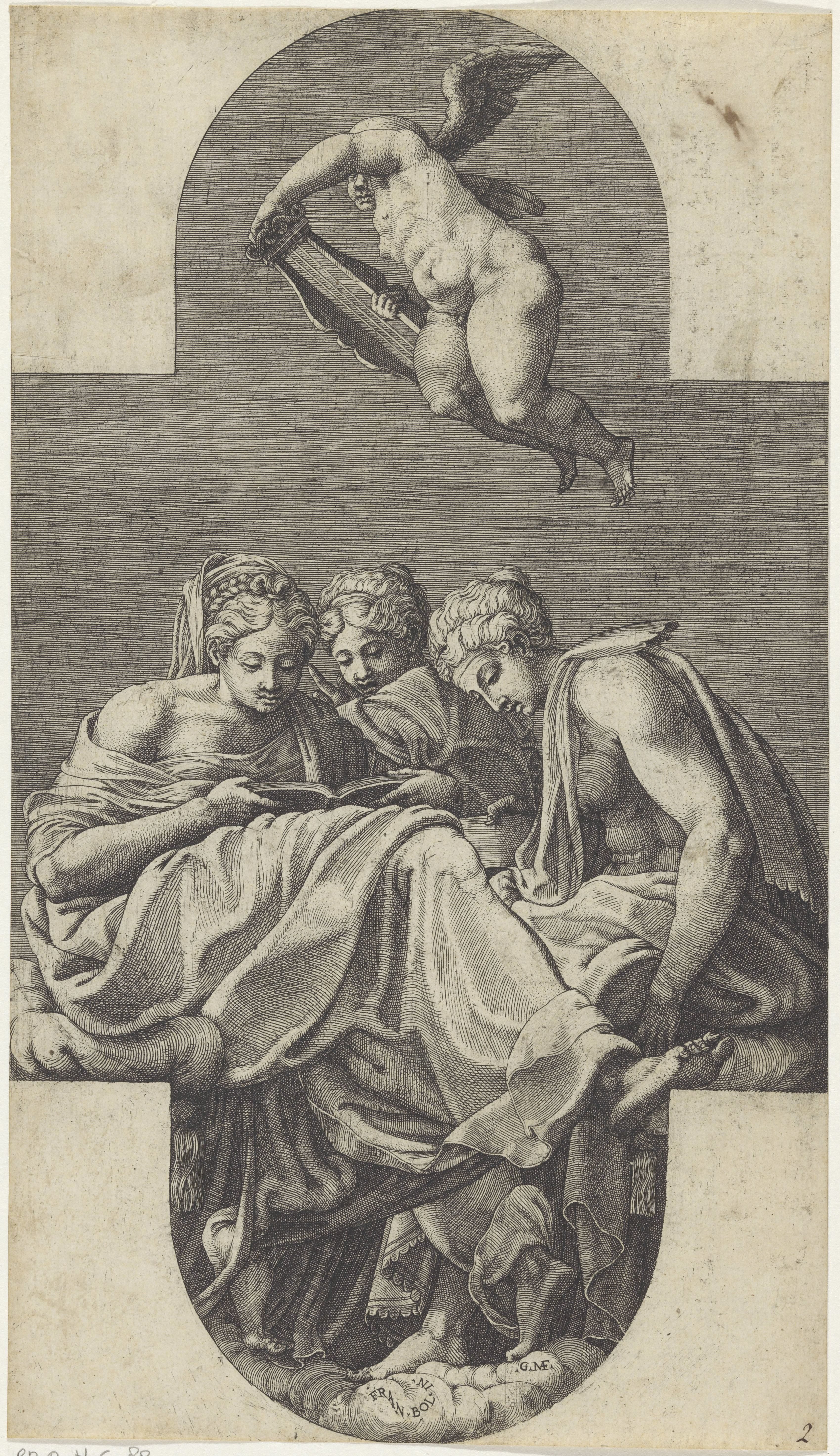 Drie Muzen en een putto met een lier
