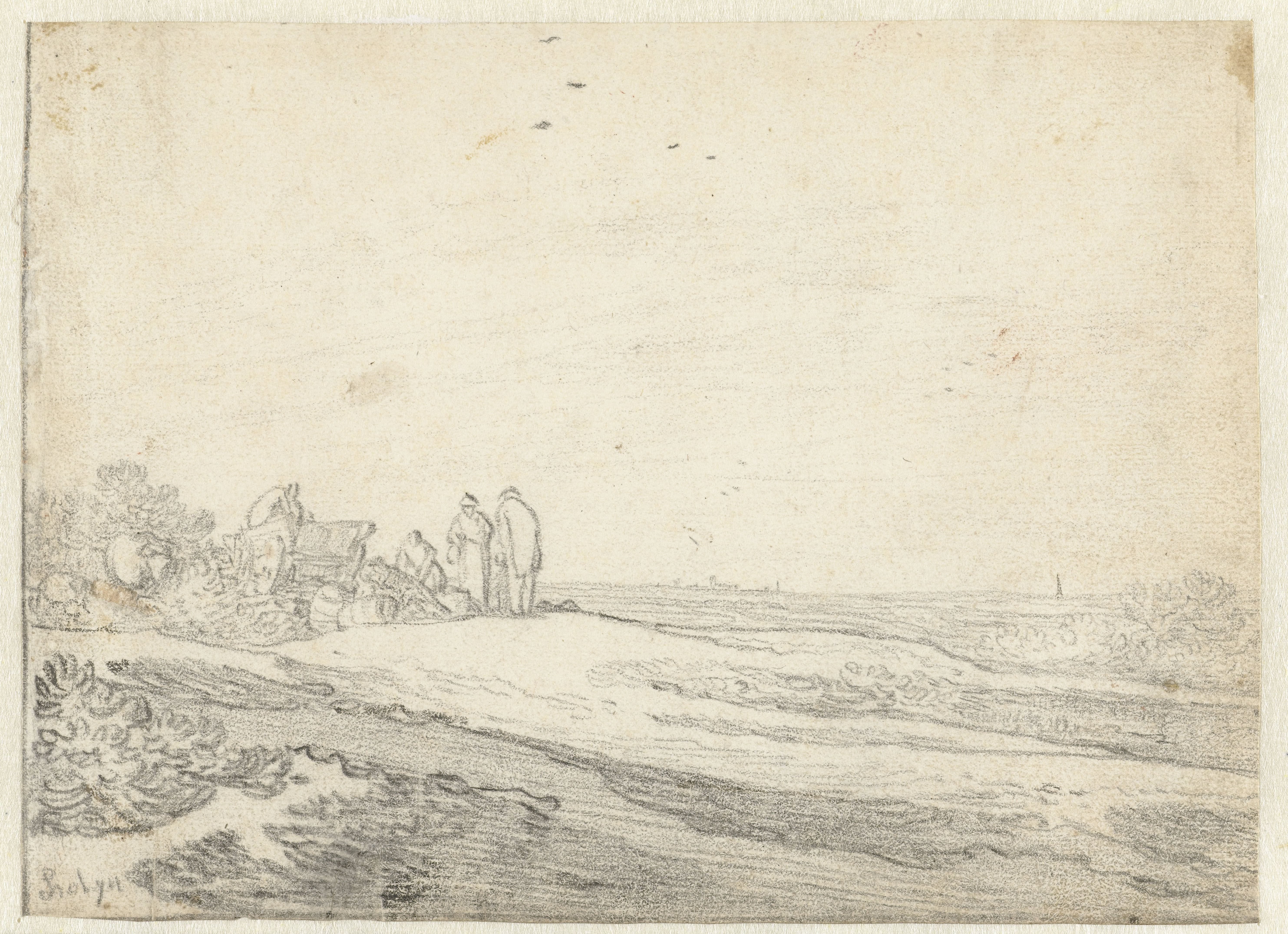 Gezicht aan de rand van de duinen, links een groepje personen