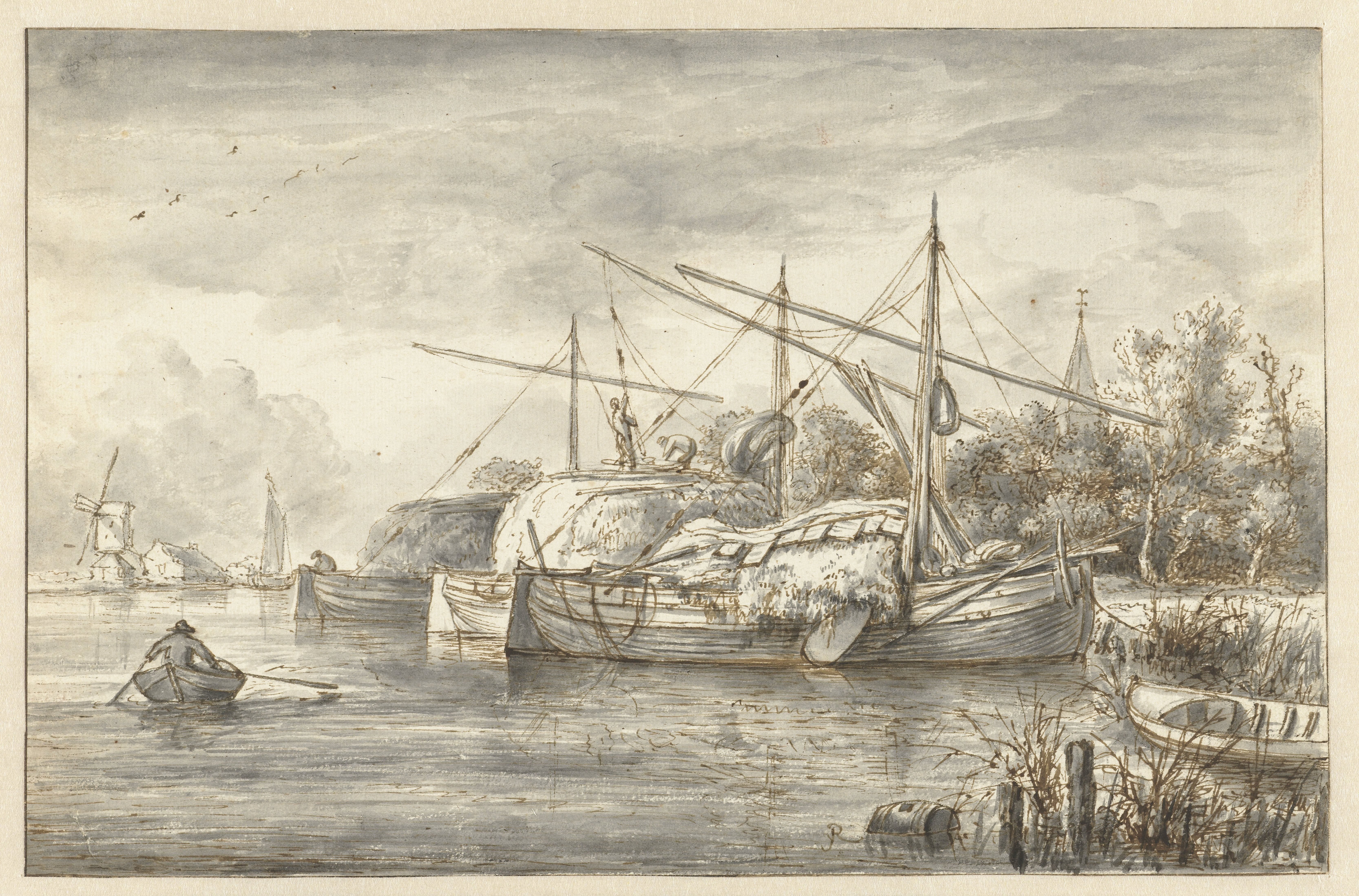 Rivierlandschap met enkele hooischepen