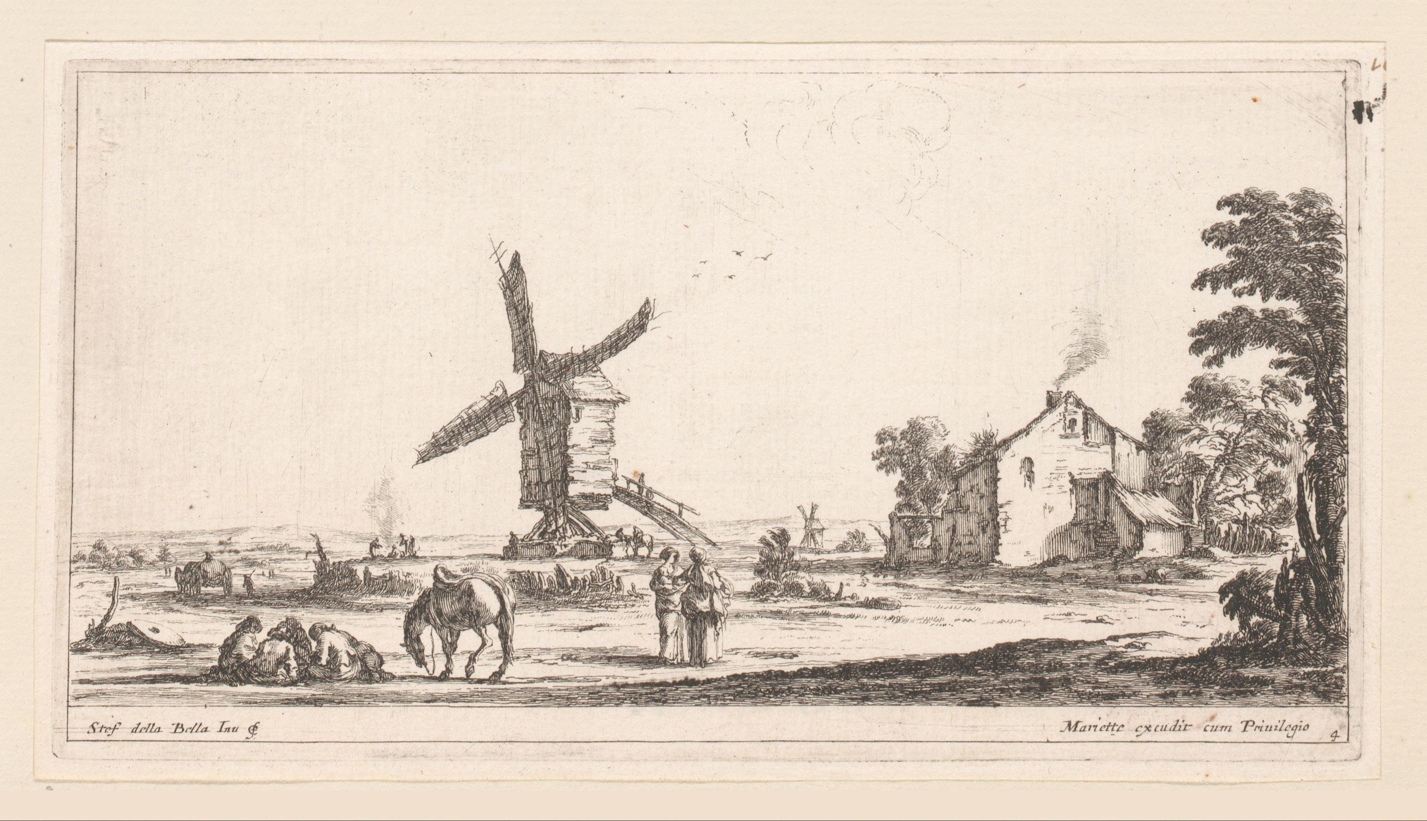 Landschap met rustende figuren aan een molen