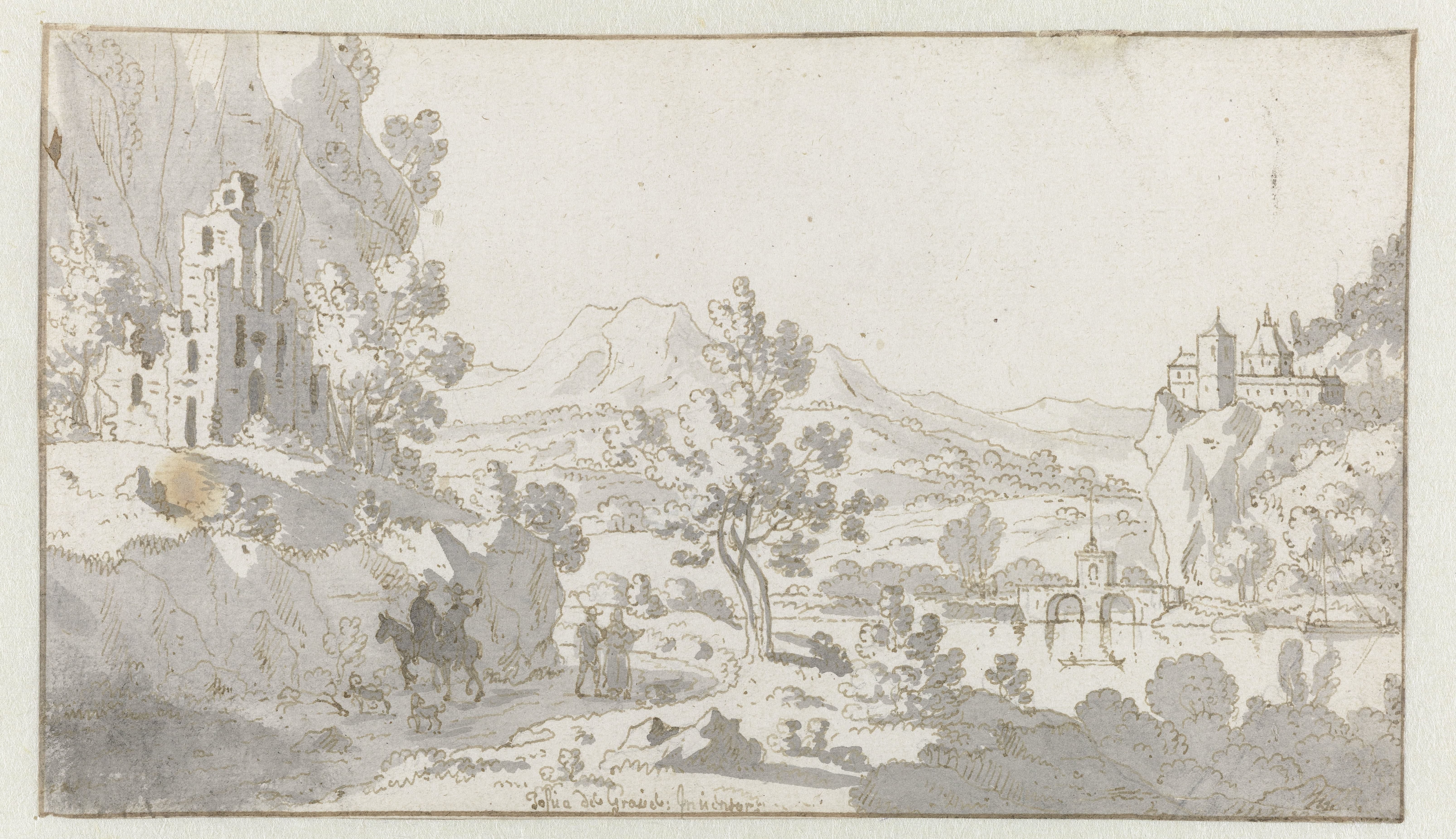 Italianate River Landscape with Travellers near Ruins