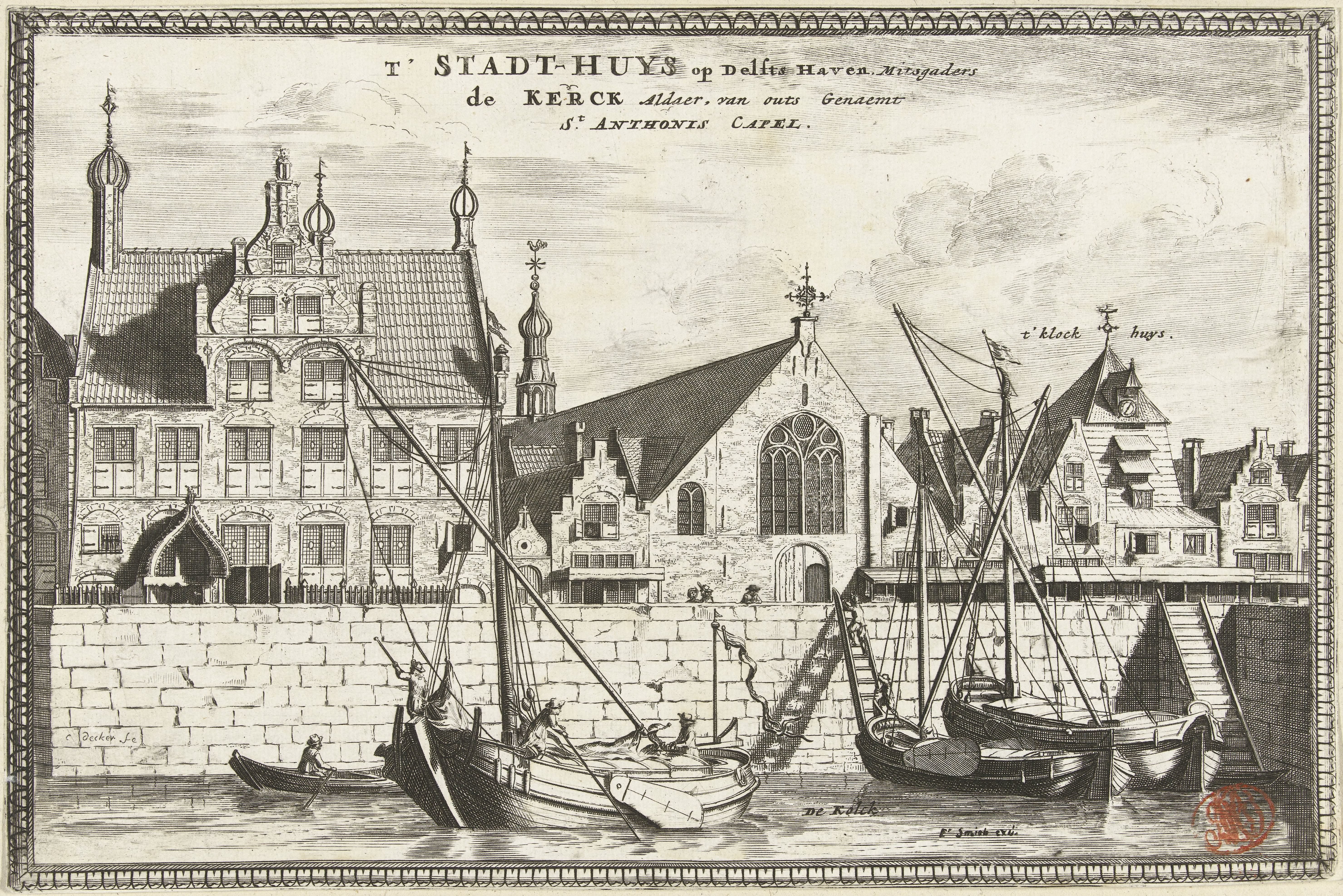 Gezicht op het stadhuis en de Oude of Pelgrimvaderskerk te Delfshaven