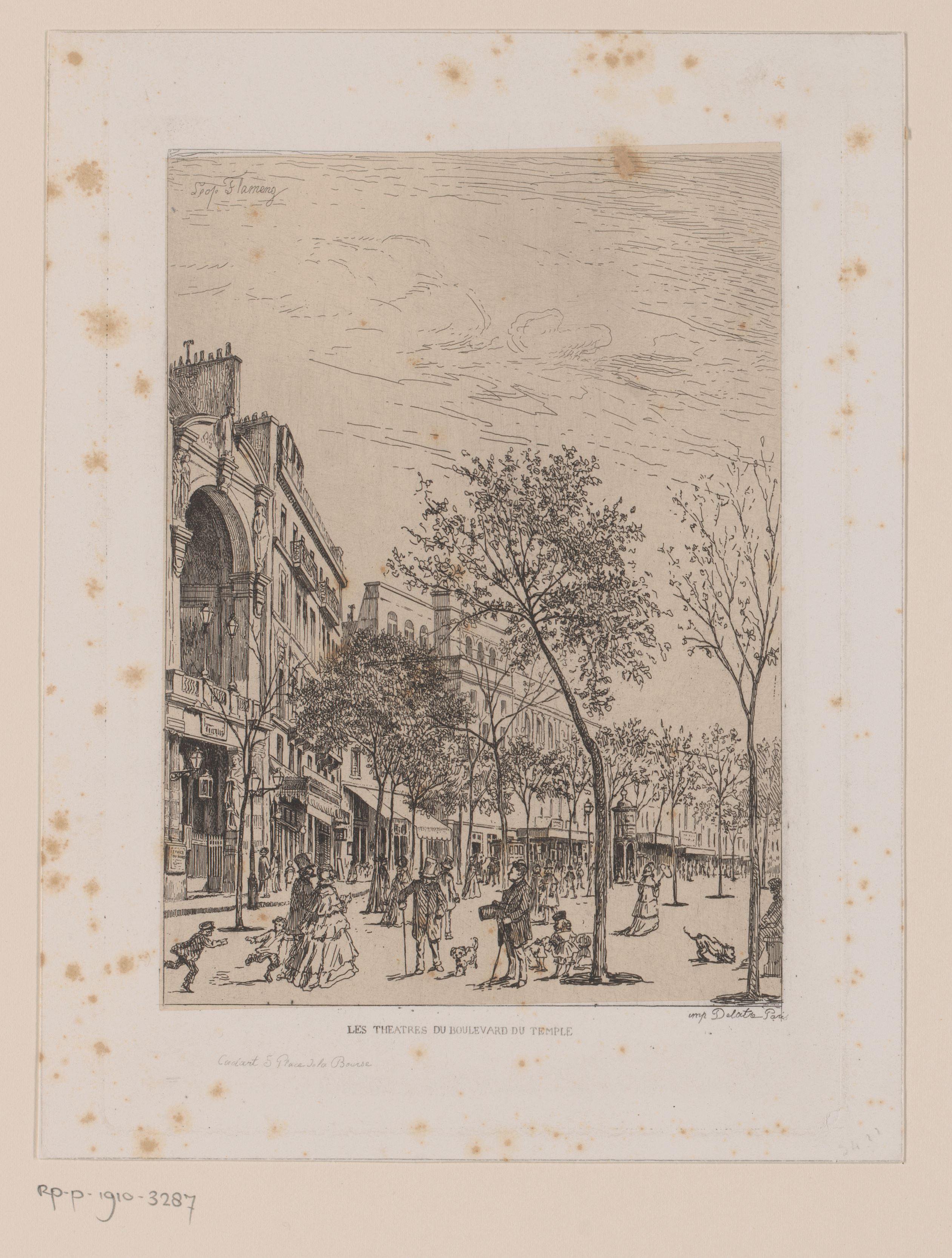 Gezicht op de Boulevard du Temple in Parijs met geheel links het Théâtre Lyrique