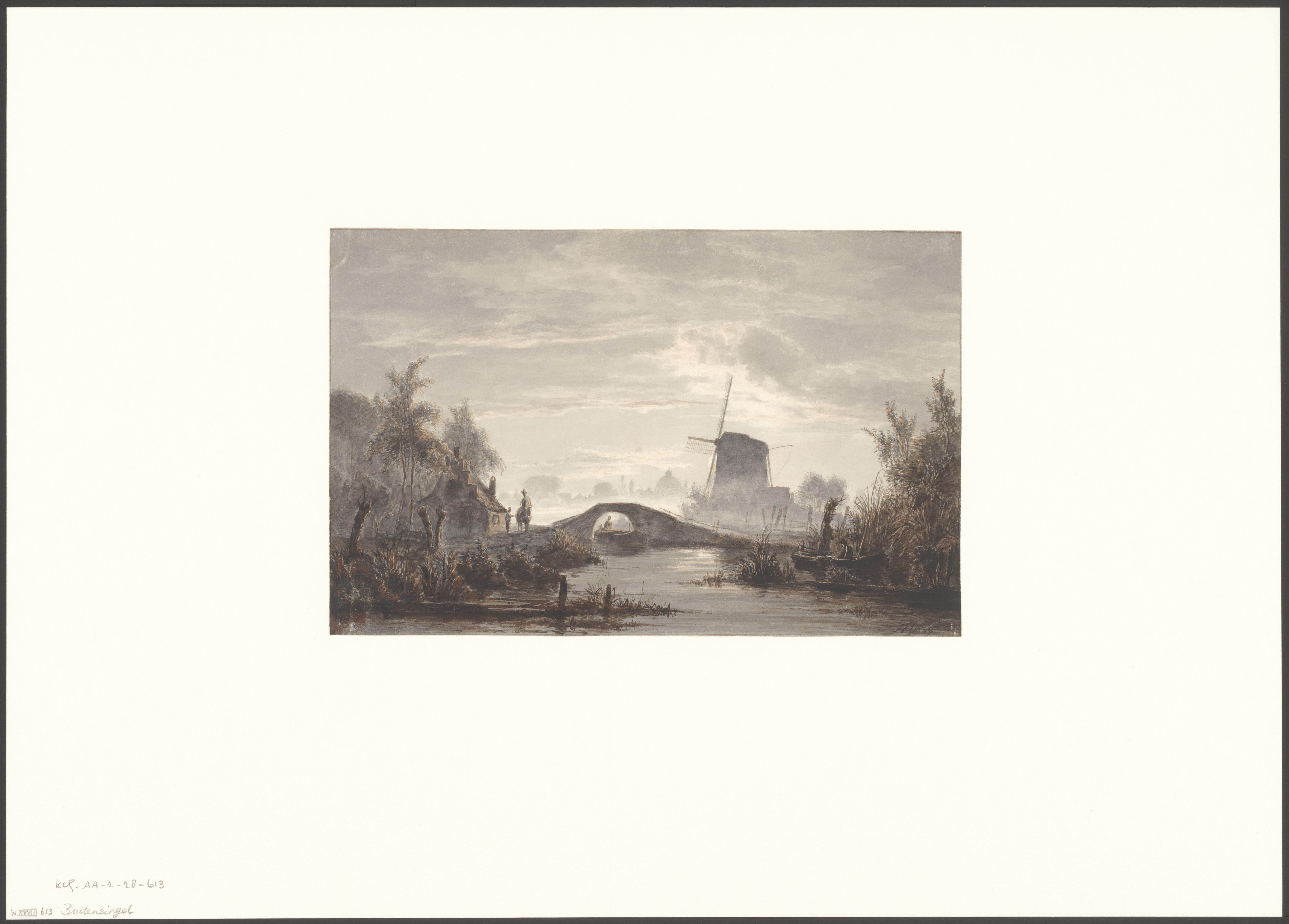 Gezicht op een brug en een molen, mogelijk in omgeving Amsterdam